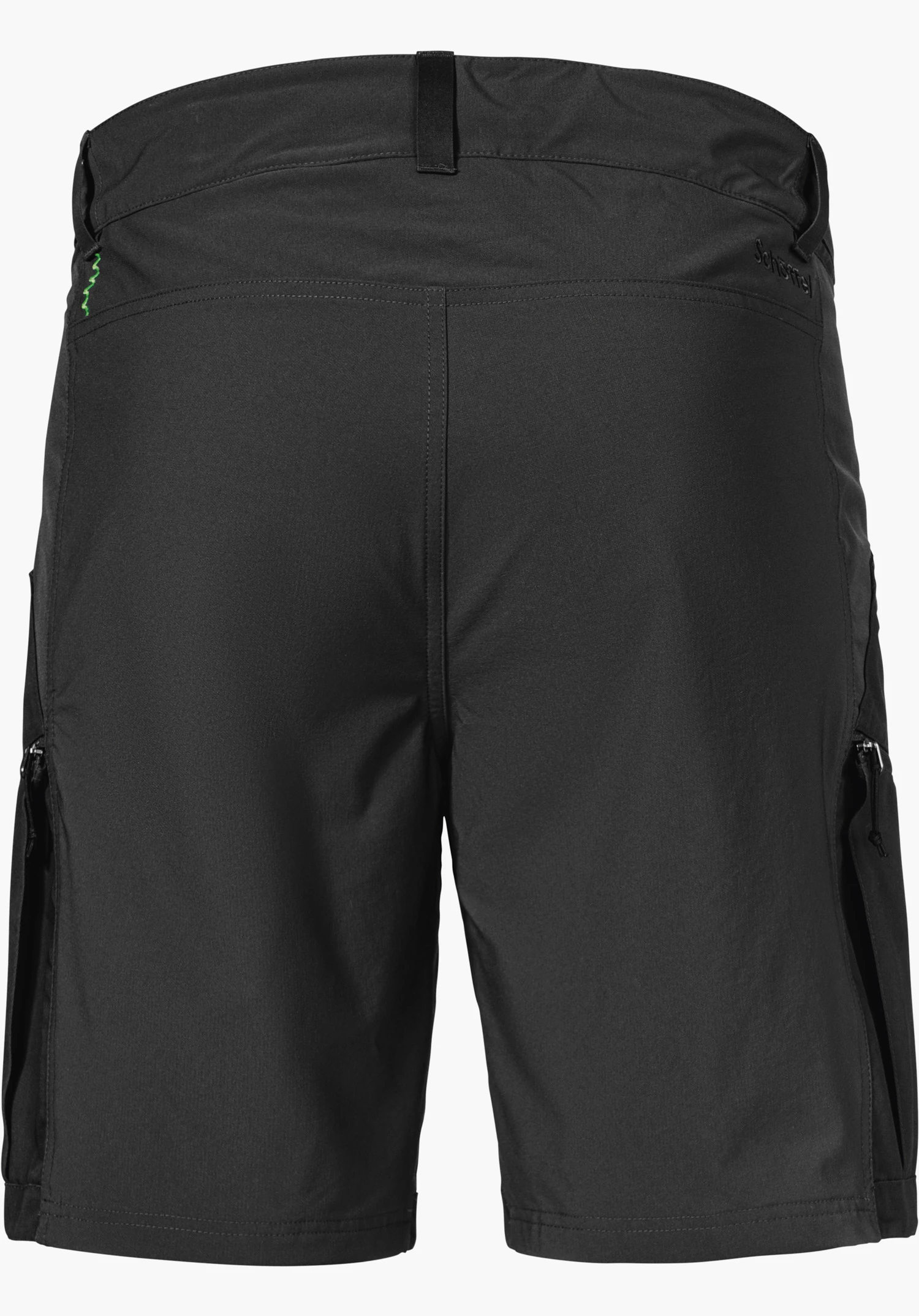 Shorts Style Maghera MEN in black, rear view featuring side zipped pockets and a subtle Schöffel logo on the right side, isolated against a white background.