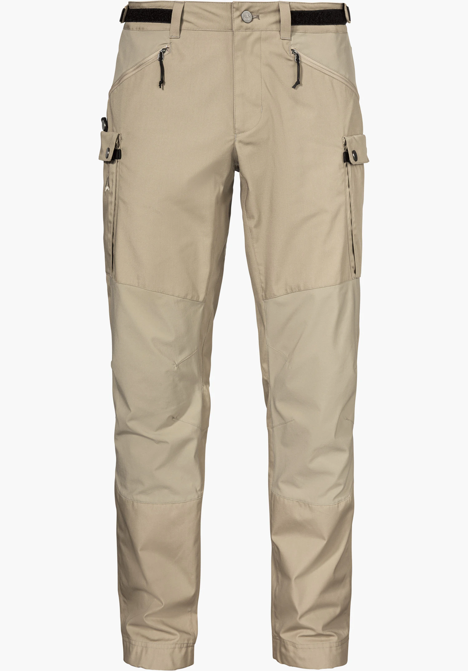 Pants Style Maghera MEN in beige with zipped pockets, side cargo pockets and a small Schöffel logo, isolated on a white background.