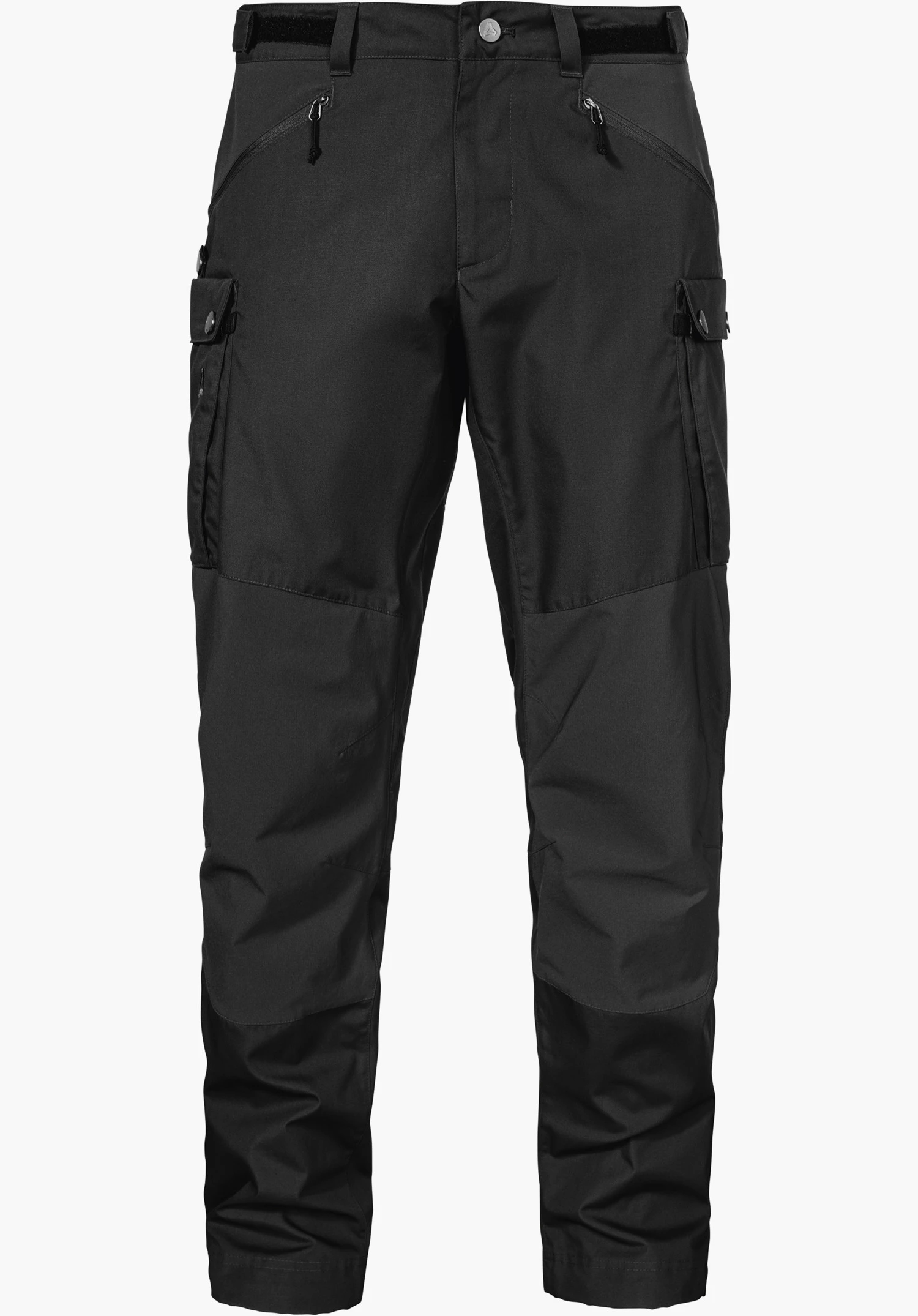 Pants Style Maghera MEN in black, front view of the trousers with zip and cargo pockets, isolated against a white background.