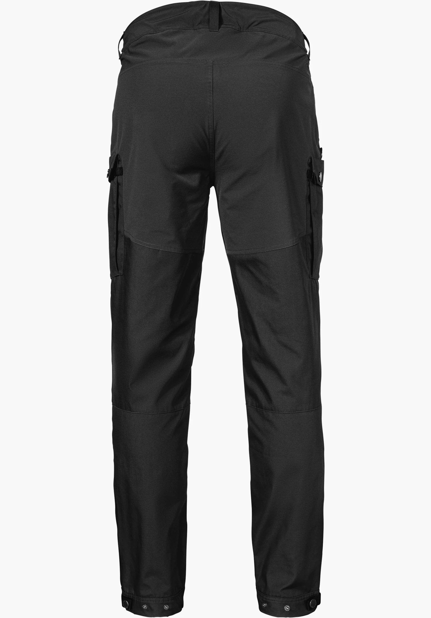 Pants Style Maghera MEN in black, shown from the back with side cargo pockets and adjustable hems, isolated against a white background.