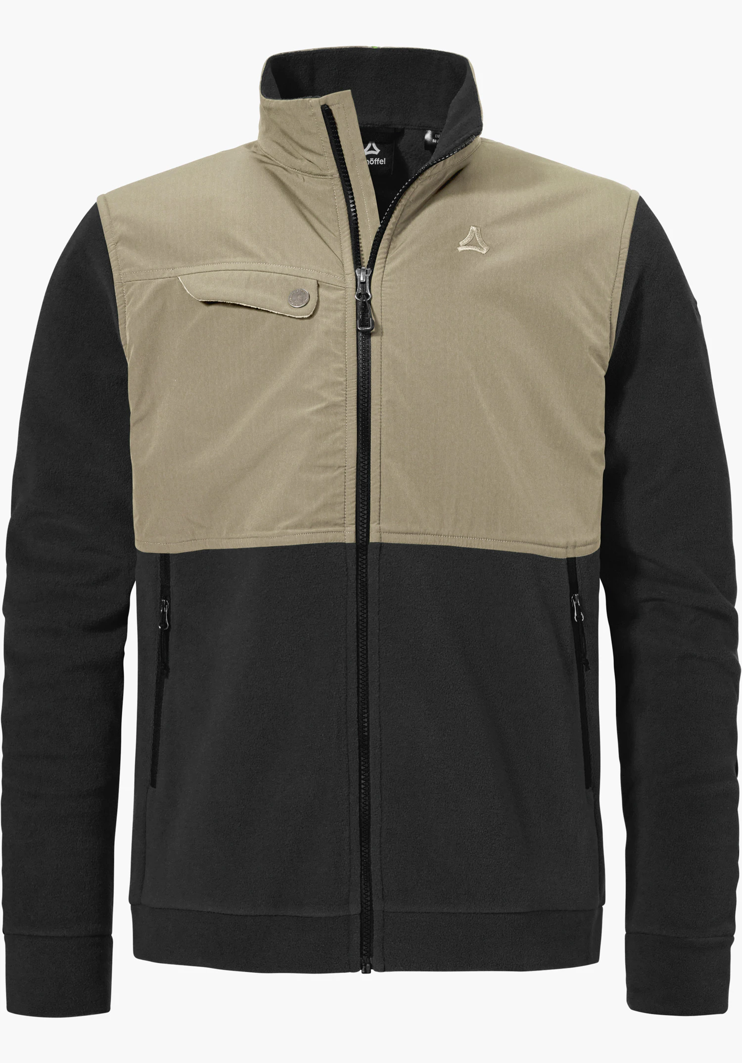 Fleece Jk Style Maghera MEN in Schwarz mit beigefarbenem Brustbereich, durchgehendem Frontreißverschluss, Brusttasche, seitlichen Reißverschlusstaschen und einem Schöffel-Logo auf der linken Brust, freigestellt vor weißem Hintergrund.