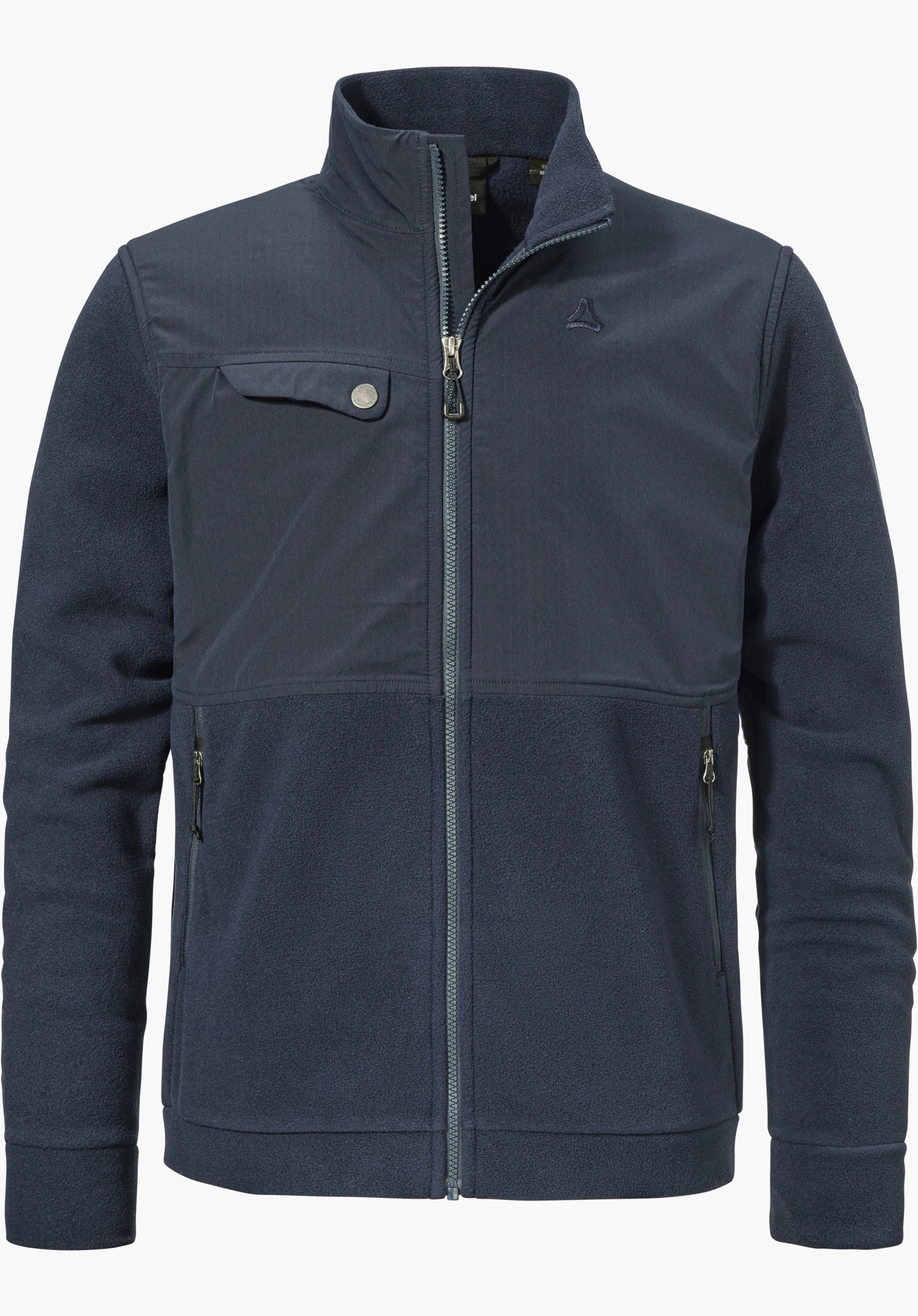 Fleece Jk Style Maghera MEN as a blue fleece jacket featuring a full-length zip, smooth chest panel with a patch chest pocket and an embroidered Schöffel logo on the left side, isolated against a white background.