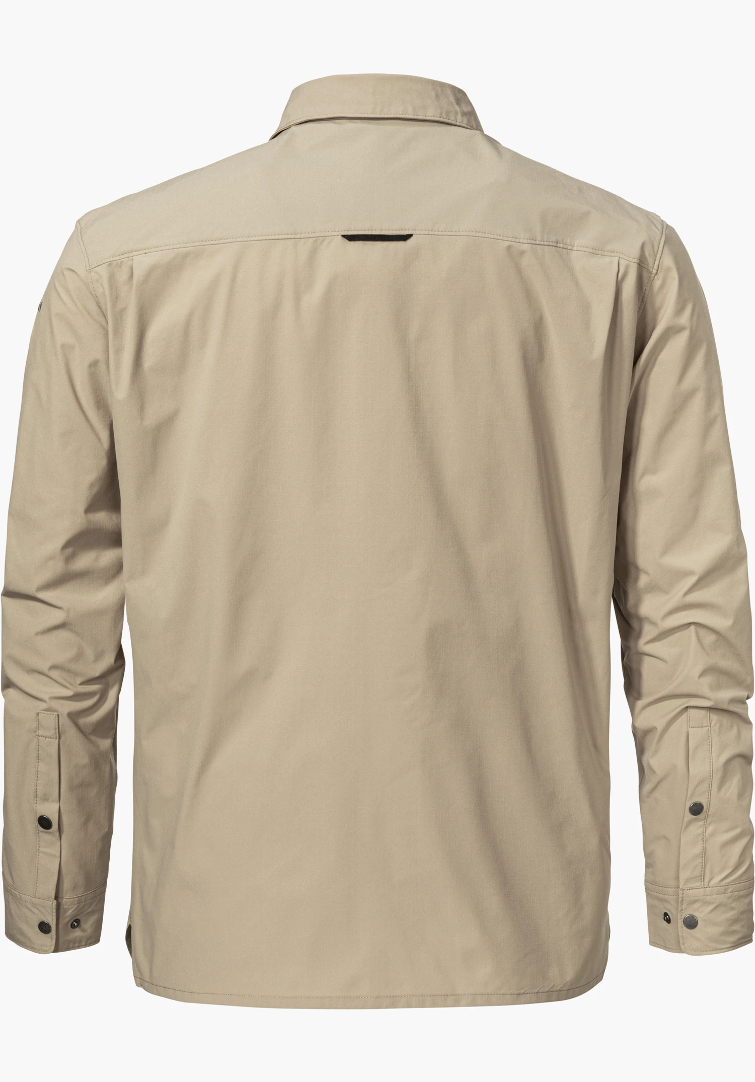Shirt Style Maghera MEN in beige shows the back view of the long-sleeved shirt with collar and buttoned cuffs, isolated against a white background.