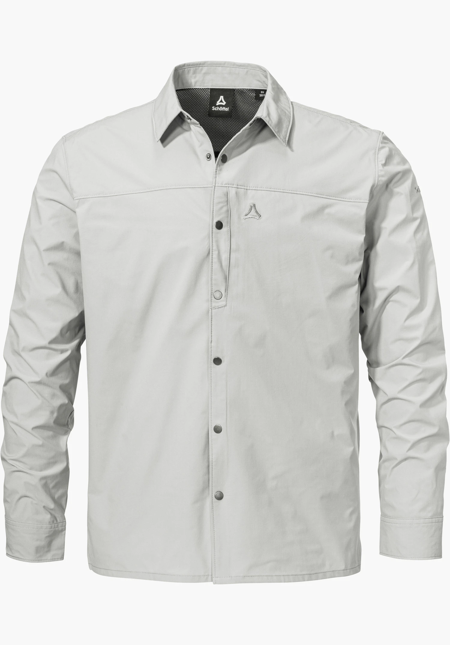 Shirt Style Maghera MEN als graues Langarmhemd mit durchgehender Knopfleiste und Schöffel-Logo auf der linken Brust, freigestellt vor weißem Hintergrund.
