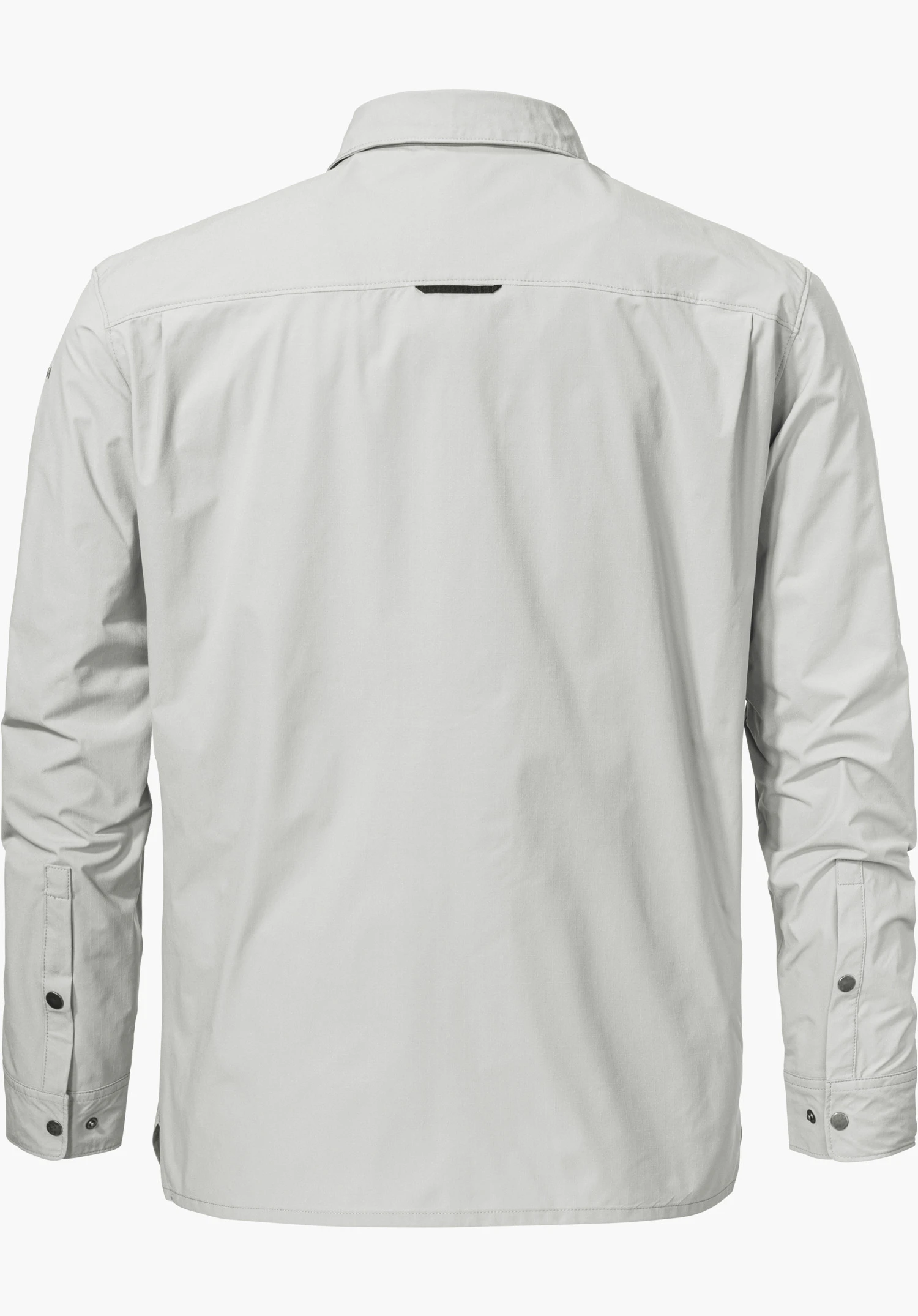 Shirt Style Maghera MEN in grey, back view of the long-sleeved shirt with a collar and buttoned cuffs, isolated on a white background.