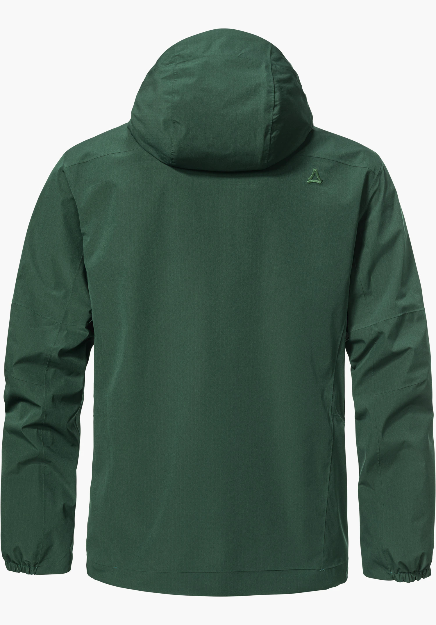 2L Jacket Style Maghera MEN zeigt sich als grüne Jacke in der Rückansicht mit Kapuze und Schöffel-Logo auf der rechten Schulter, freigestellt vor weißem Hintergrund.