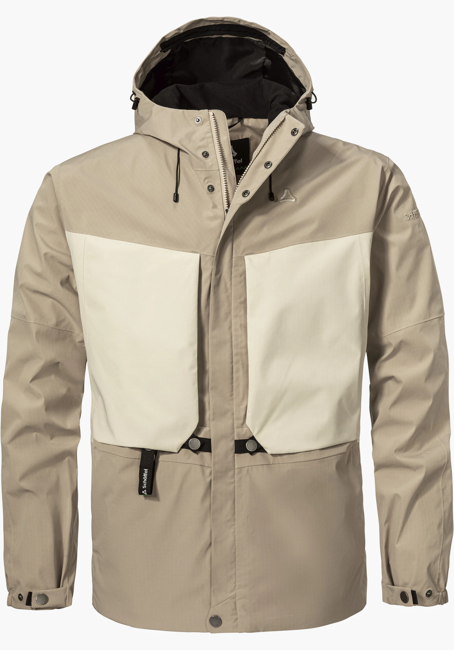 2L Jacket Style Maghera MEN in beige with contrasting front pockets and a visible Schöffel logo on the chest, isolated on a white background.
