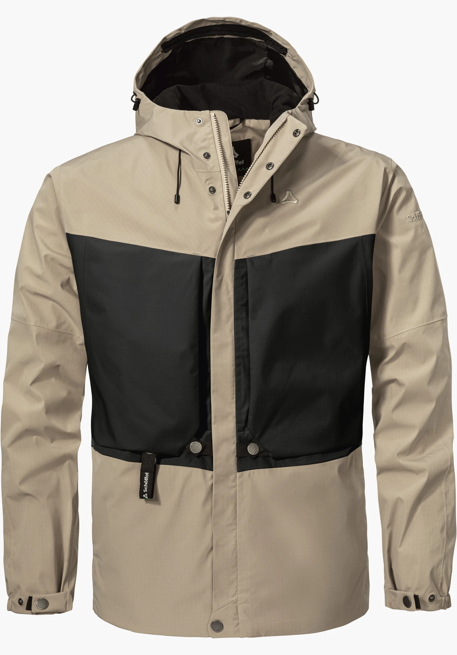 2L Jacket Style Maghera MEN in beige with striking black contrasting panels on the chest, a hood and a visible Schöffel-Logo, isolated on a white background.