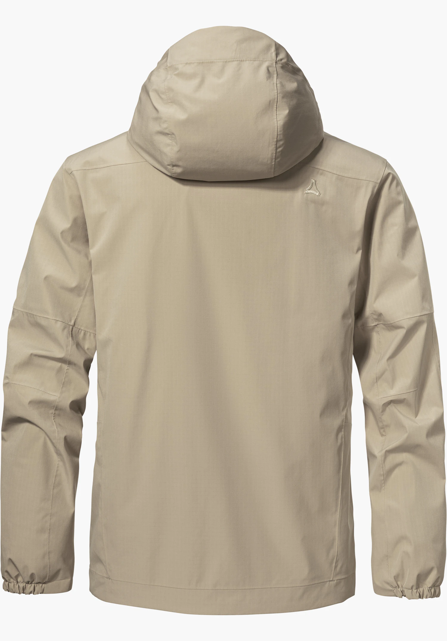 2L Jacket Style Maghera MEN in beige shown from the back, featuring a hood and the Schöffel logo on the right shoulder, isolated against a white background.