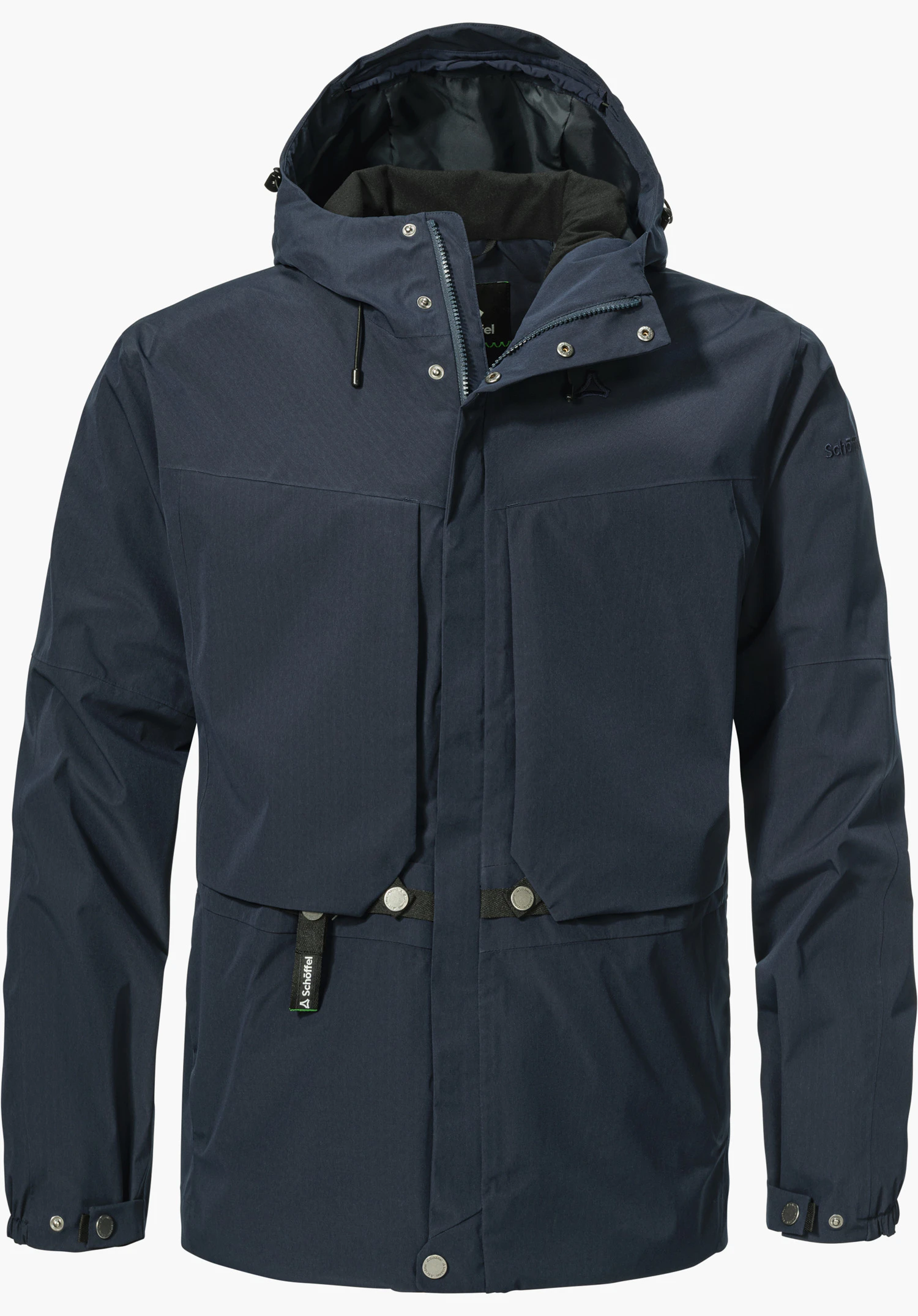 2L Jacket Style Maghera MEN in Blau mit Kapuze, aufgesetzten Fronttaschen und sichtbarem Schöffel-Logo, freigestellt vor weißem Hintergrund.