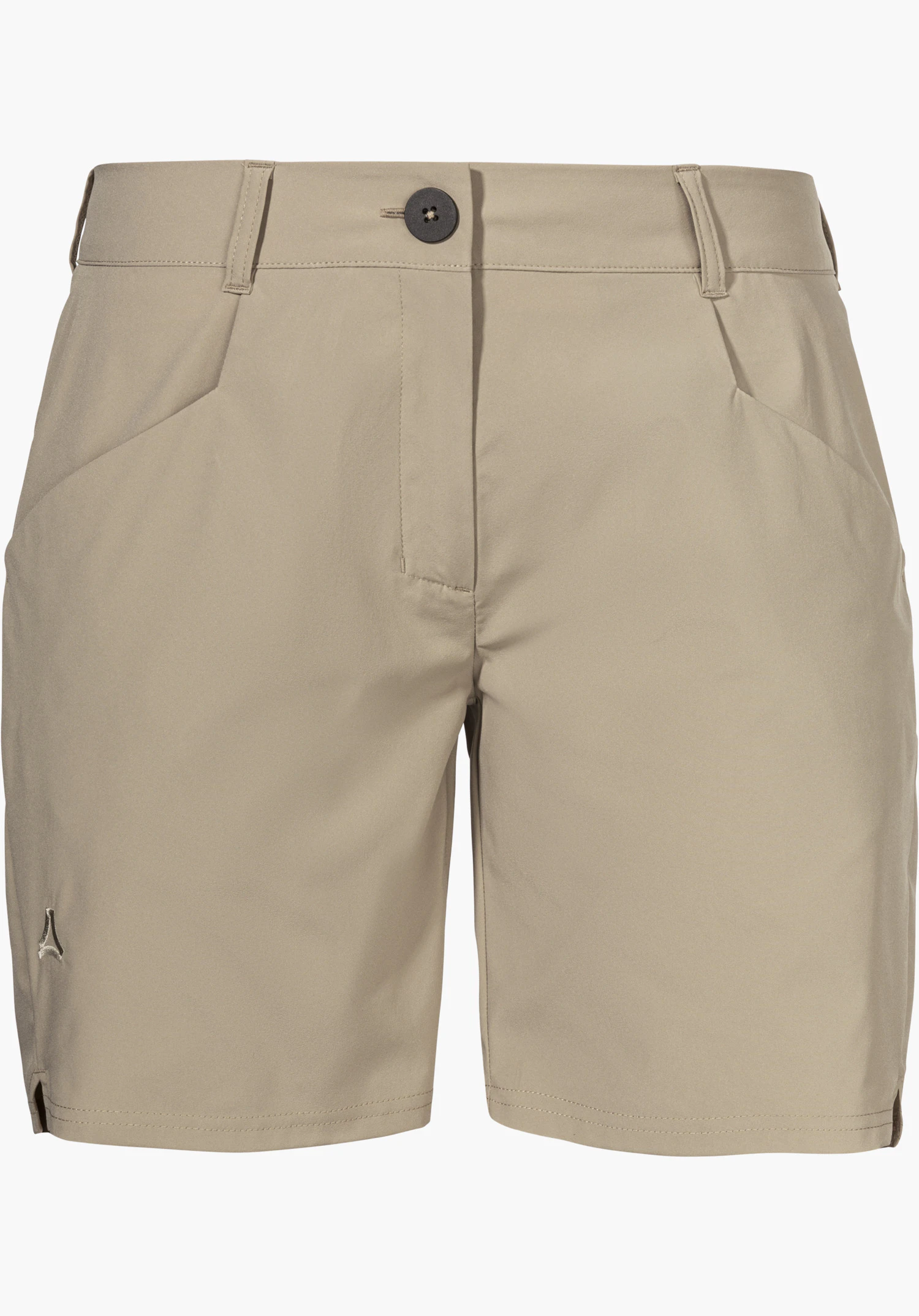 CIRC Shorts Style Smue WMN, functional shorts in beige featuring a button fastening, belt loops and a Schöffel logo on the leg, isolated against a white background.