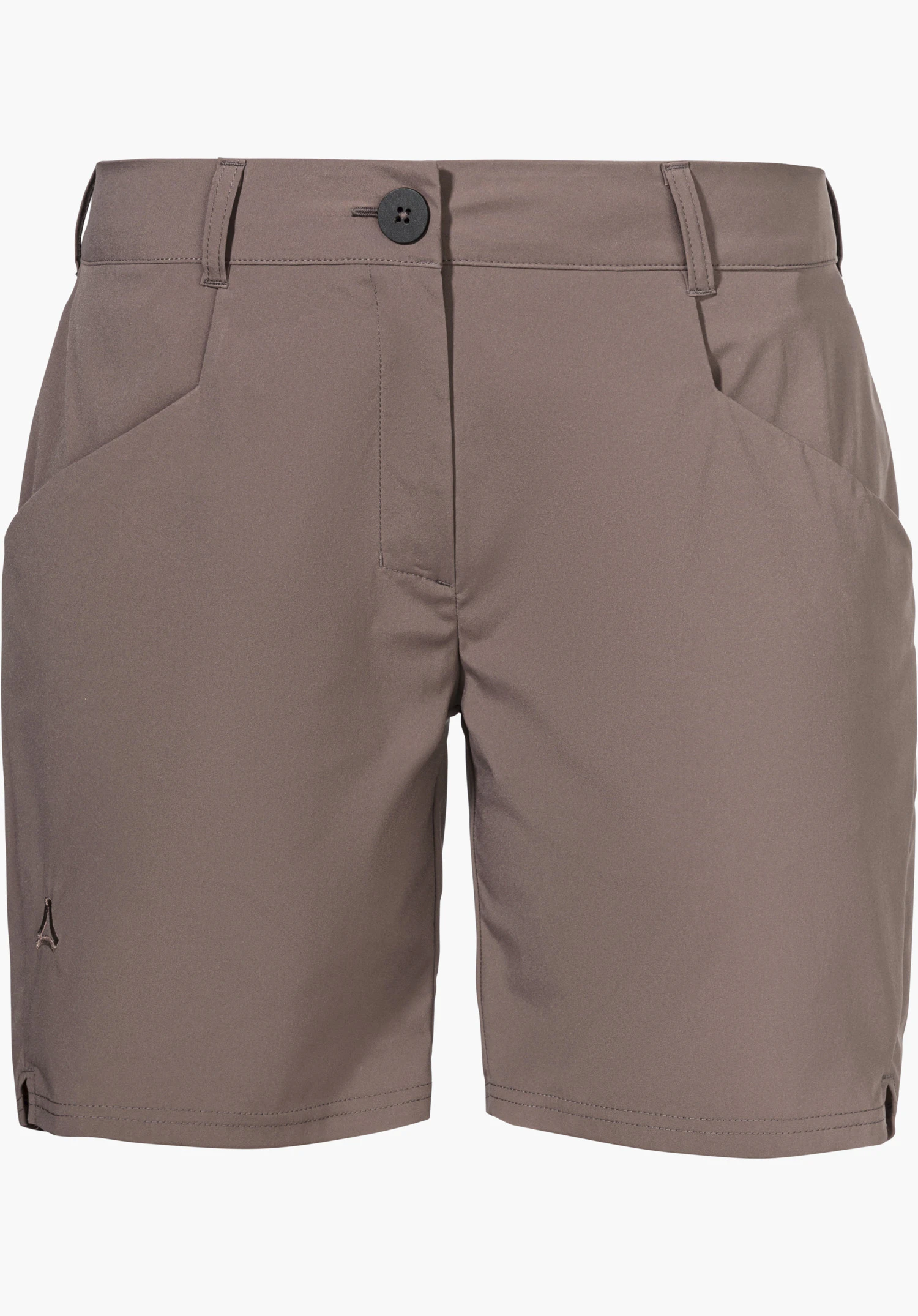 CIRC Shorts Style Smue WMN, braune Shorts mit Gürtelschlaufen, seitlichen Eingrifftaschen und dezentem Schöffel-Logo am linken Bein, freigestellt vor weißem Hintergrund.