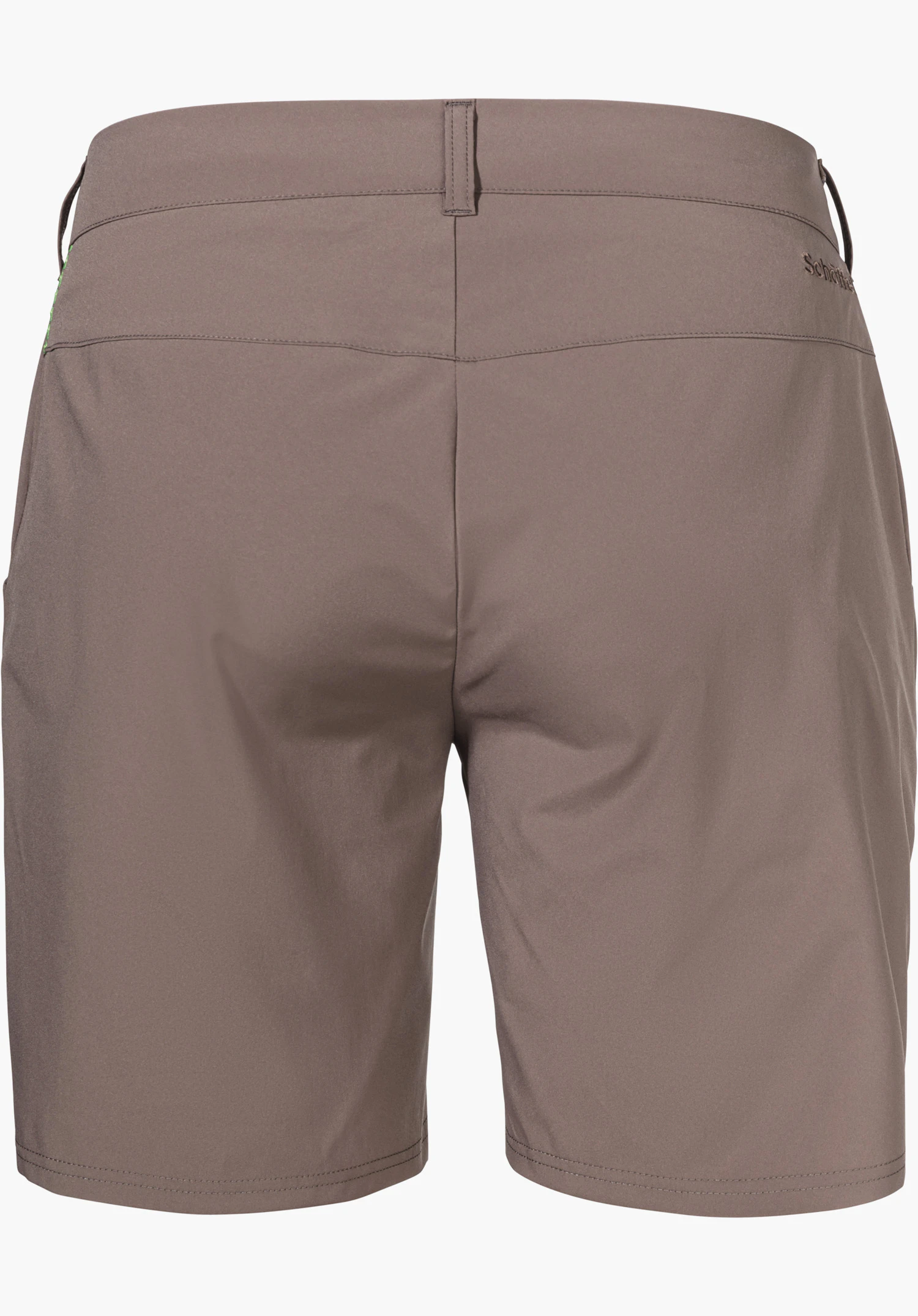CIRC Shorts Style Smue WMN in Braun, Rückansicht mit Gürtelschlaufen und dem Schöffel-Logo auf der rechten Seite, freigestellt vor weißem Hintergrund.