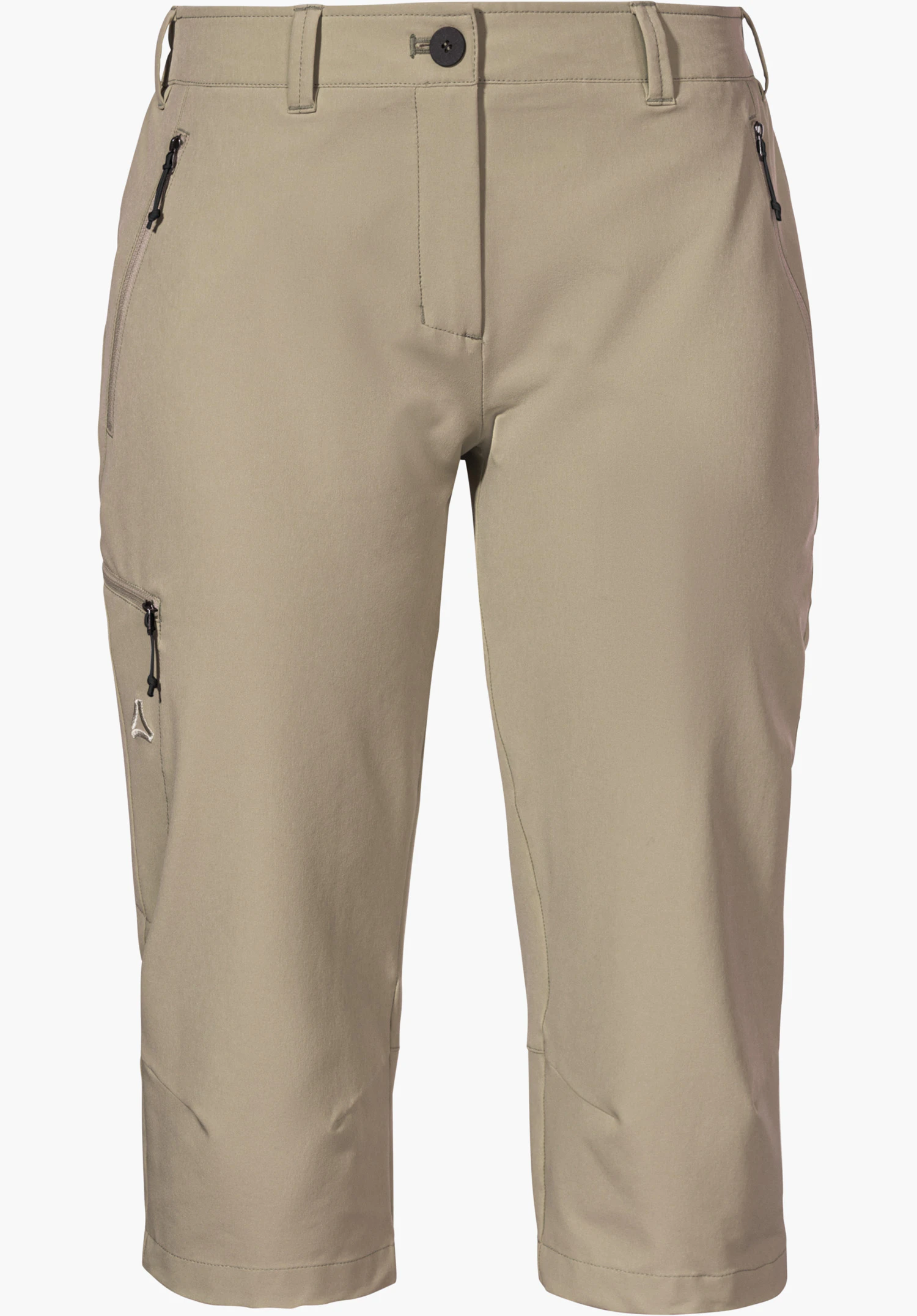 Pants Style Chavuma WMN features the waistband with belt loops, the zipped pockets and the Schöffel logo on the beige technical fabric. Close-up against a white/neutral background.