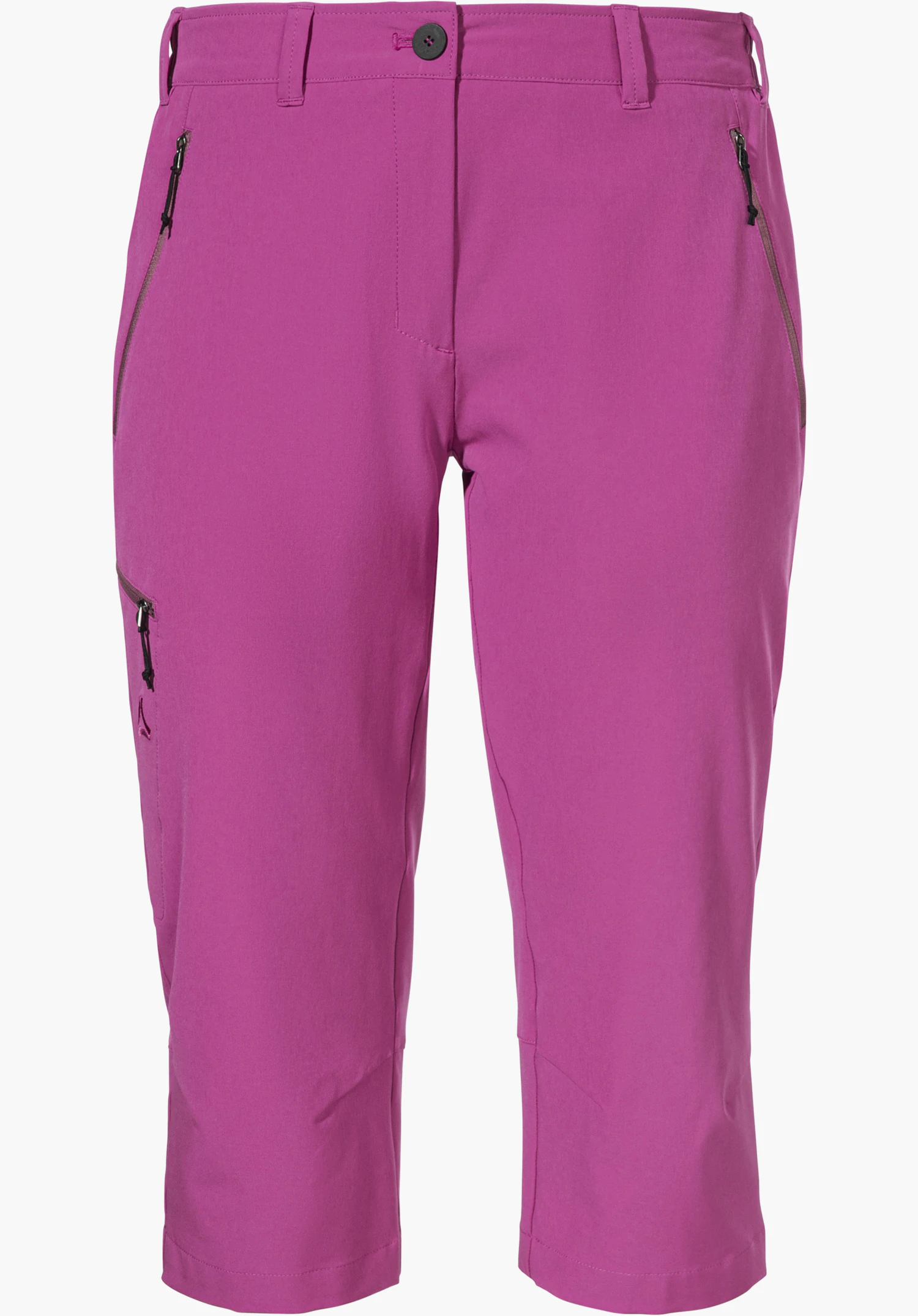 Pants Style Chavuma WMN zeigt den Hosenbund mit Knopf und die seitlichen Reißverschlusstaschen im pinken Funktionsmaterial. Nahaufnahme vor neutralem Hintergrund.