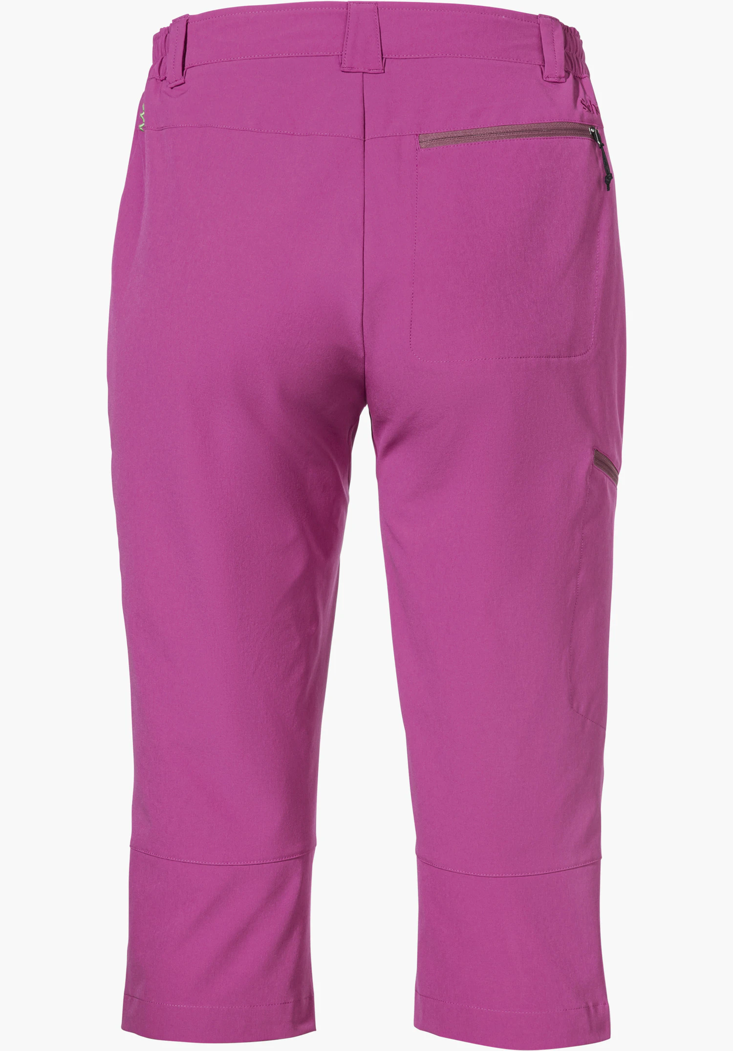 Pants Style Chavuma WMN in Pink in der Rückansicht mit Gürtelschlaufen, einer Reißverschlusstasche am Gesäß und seitlich sichtbarem Schöffel-Logo, freigestellt vor weißem Hintergrund.