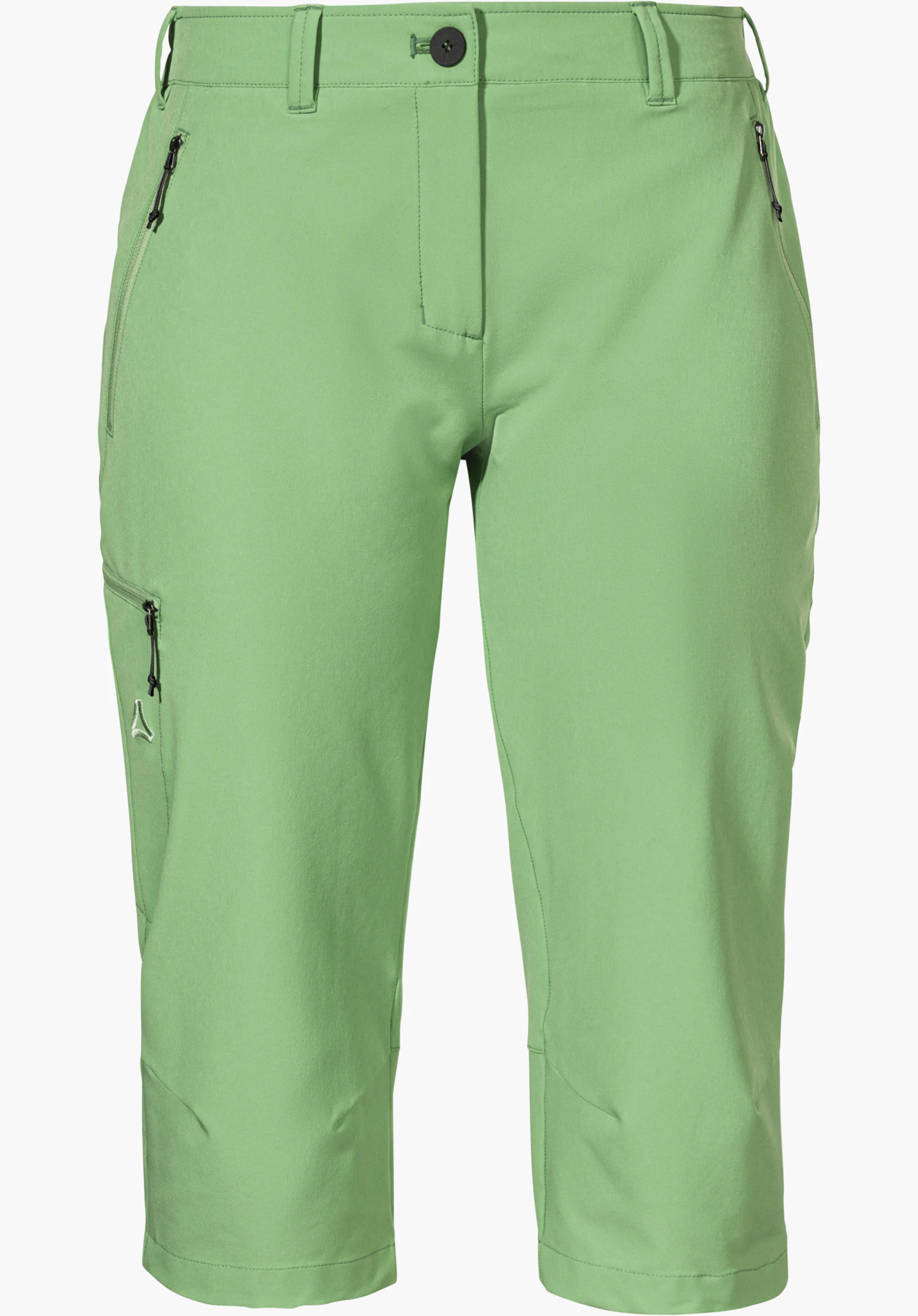 Pants Style Chavuma WMN shows the waistband with button, belt loops, zip pockets and the Schöffel logo on the green fabric. Close-up against a white background.