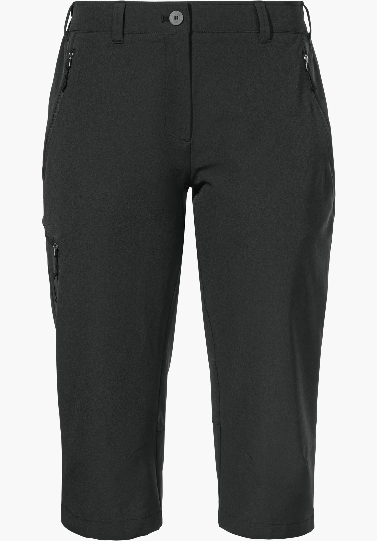 Pants Style Chavuma WMN shows the waistband with belt loops, the button fastening as well as the zip pockets on the sides and thigh in black. Close-up against a white background.