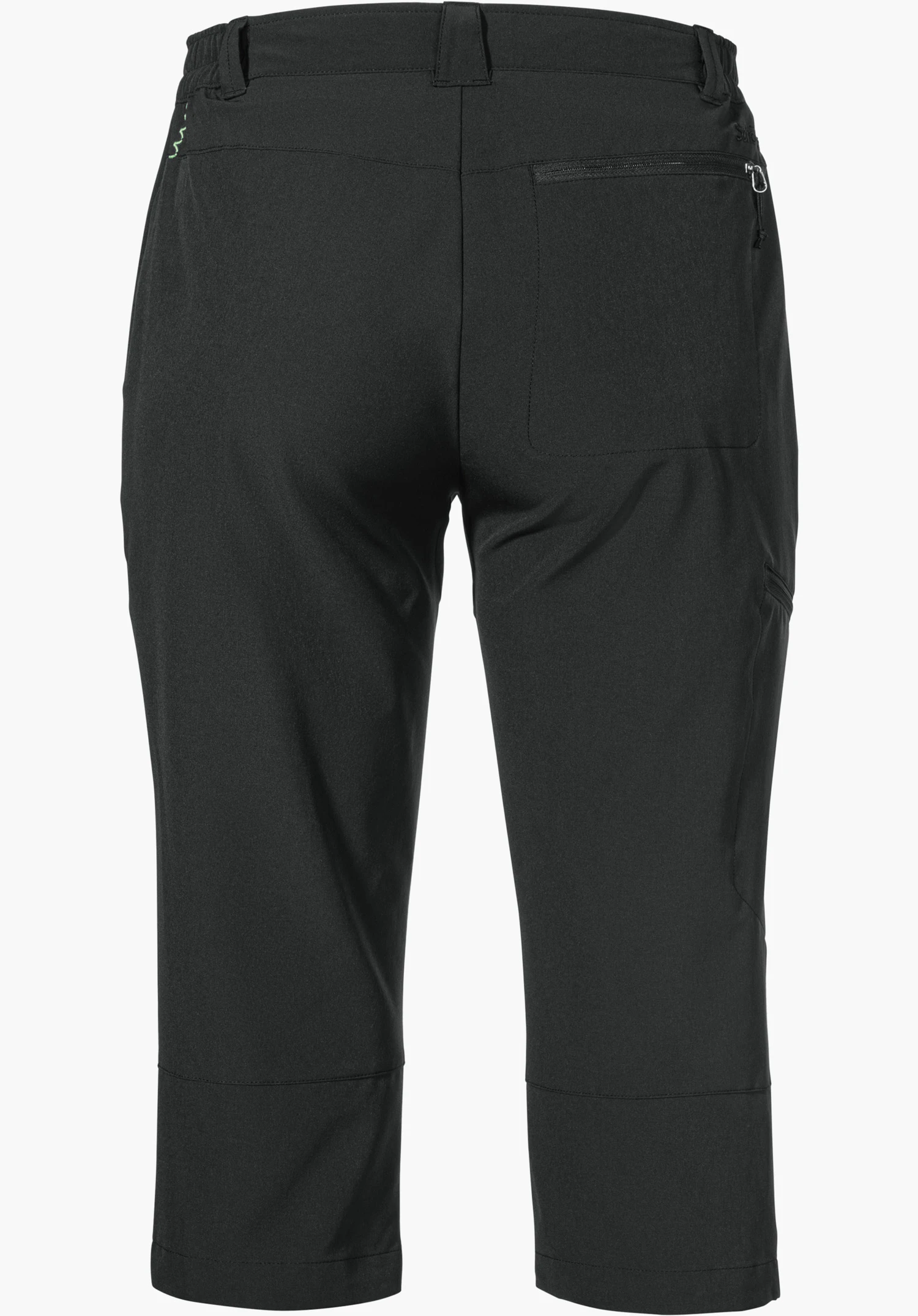 Pants Style Chavuma WMN in Schwarz, Rückansicht mit Reißverschluss-Gesäßtasche und Schöffel-Logo, freigestellt vor weißem Hintergrund.