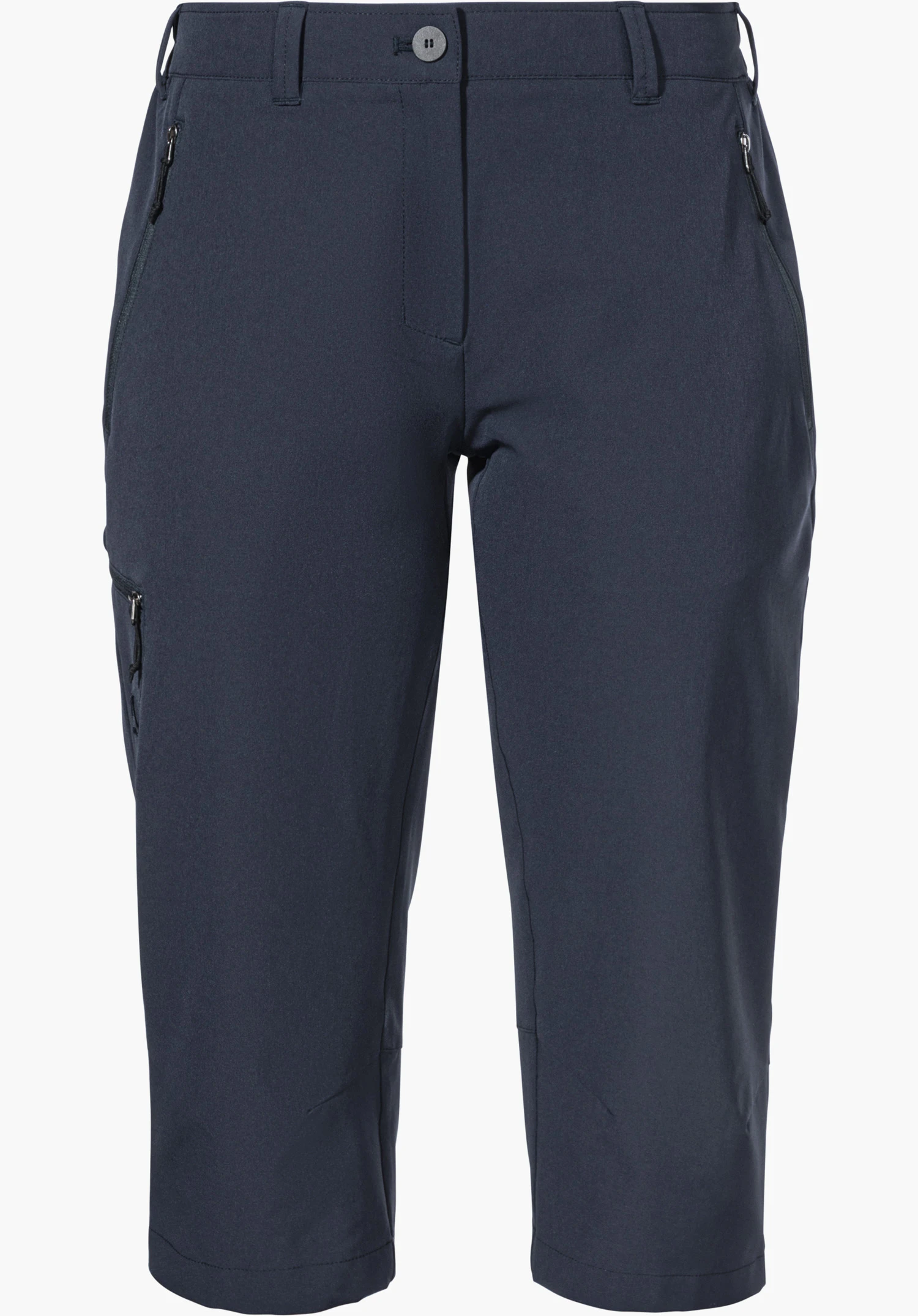 Pants Style Chavuma WMN. The focus is on the blue waistband with belt loops, the fastening button and the zip pockets. Close-up against a white background.