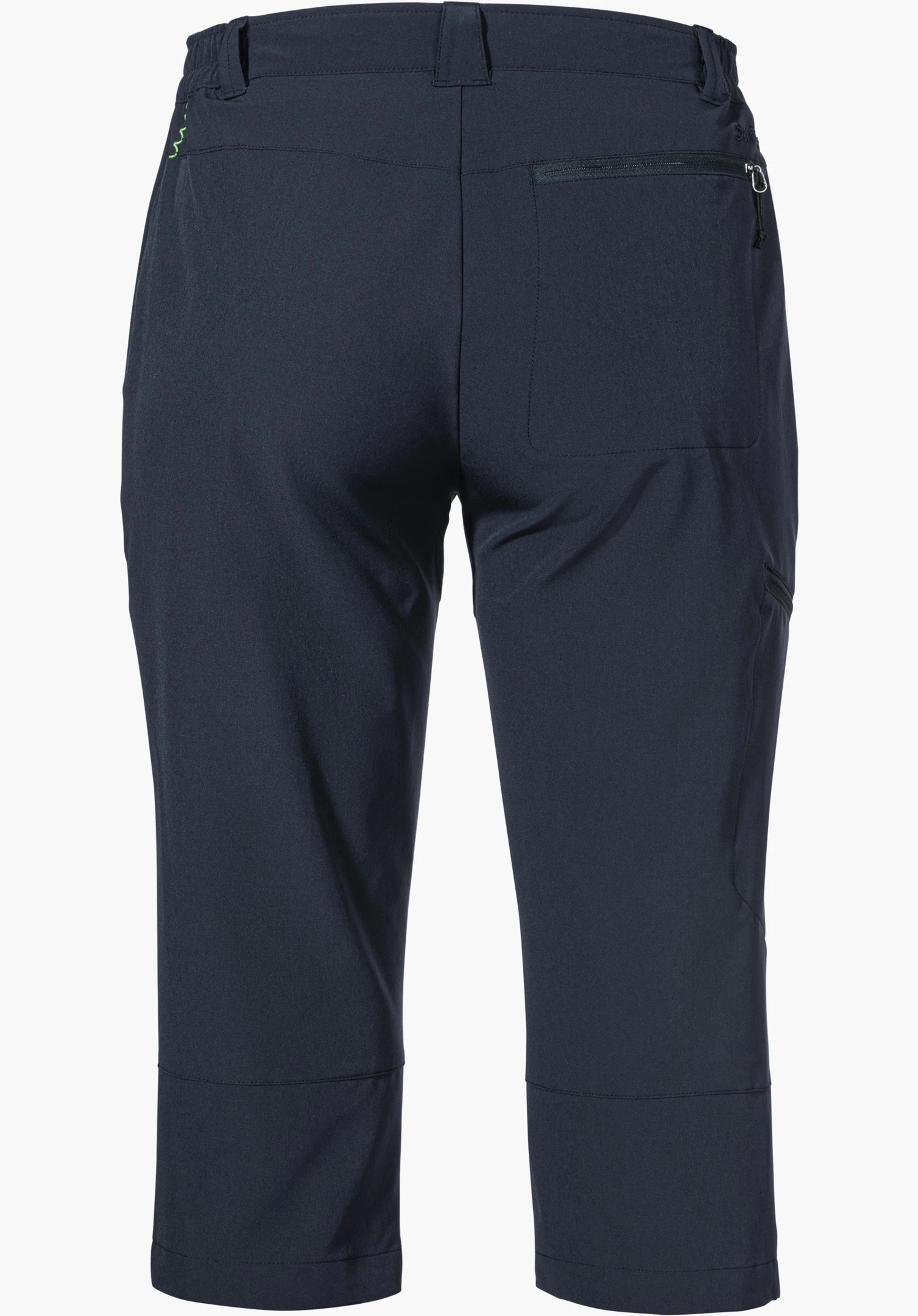 Pants Style Chavuma WMN in Blau, gezeigt in der Rückansicht mit Reißverschluss-Gesäßtasche und dezentem Schöffel-Logo, freigestellt vor weißem Hintergrund.