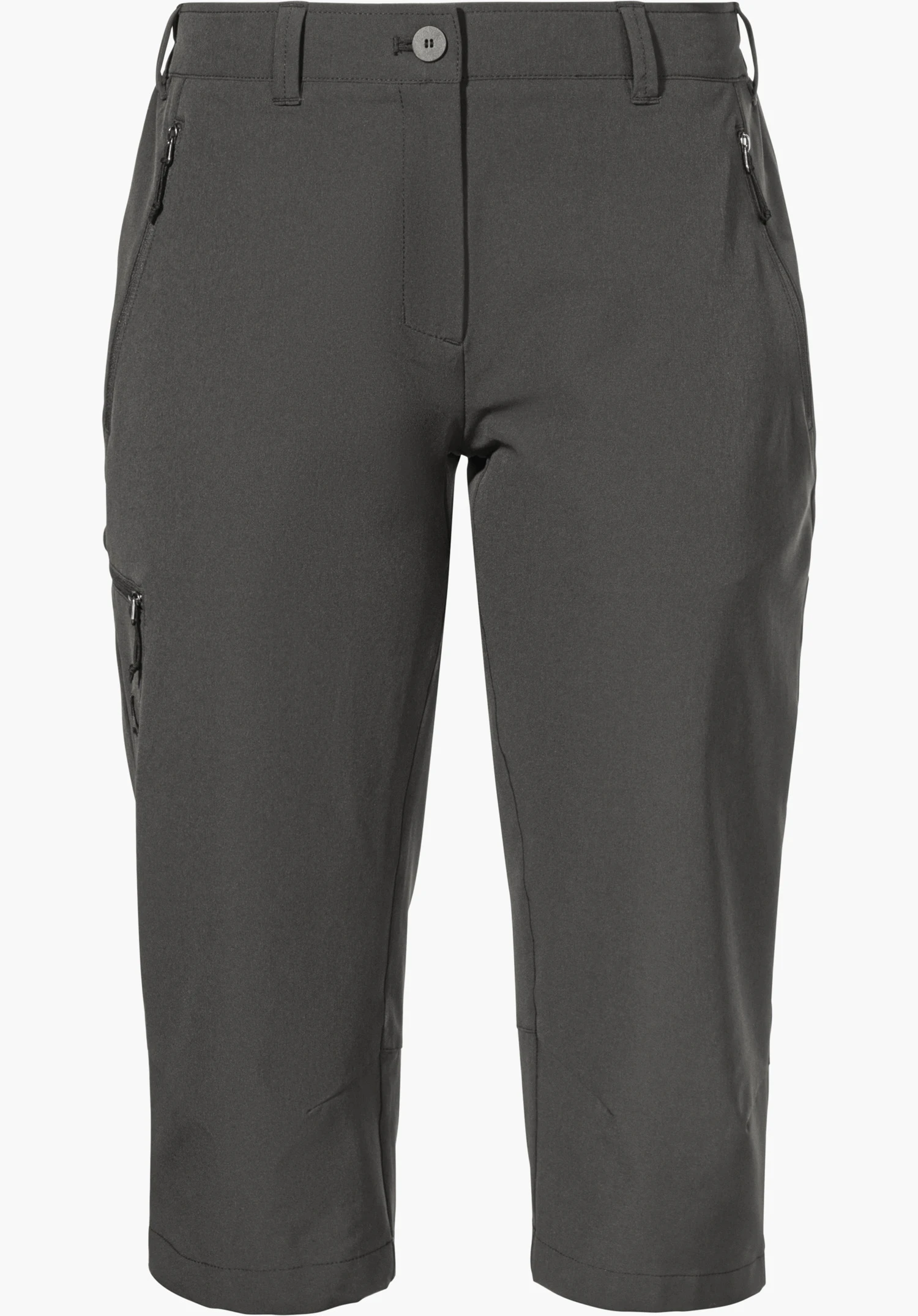 Pants Style Chavuma WMN shows the waistband with belt loops and button fastening as well as the zip pockets on the grey technical fabric as a close-up against a white background.