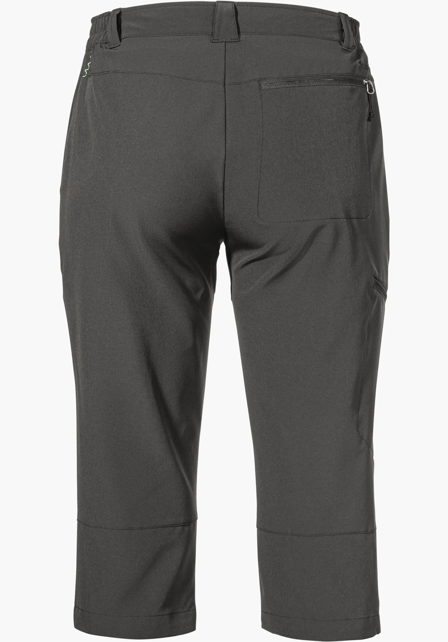 Pants Style Chavuma WMN in der Farbe Grau, gezeigt in der Rückansicht mit Reißverschluss-Gesäßtasche und dezentem Schöffel-Logo auf der rechten Seite, freigestellt vor weißem Hintergrund.