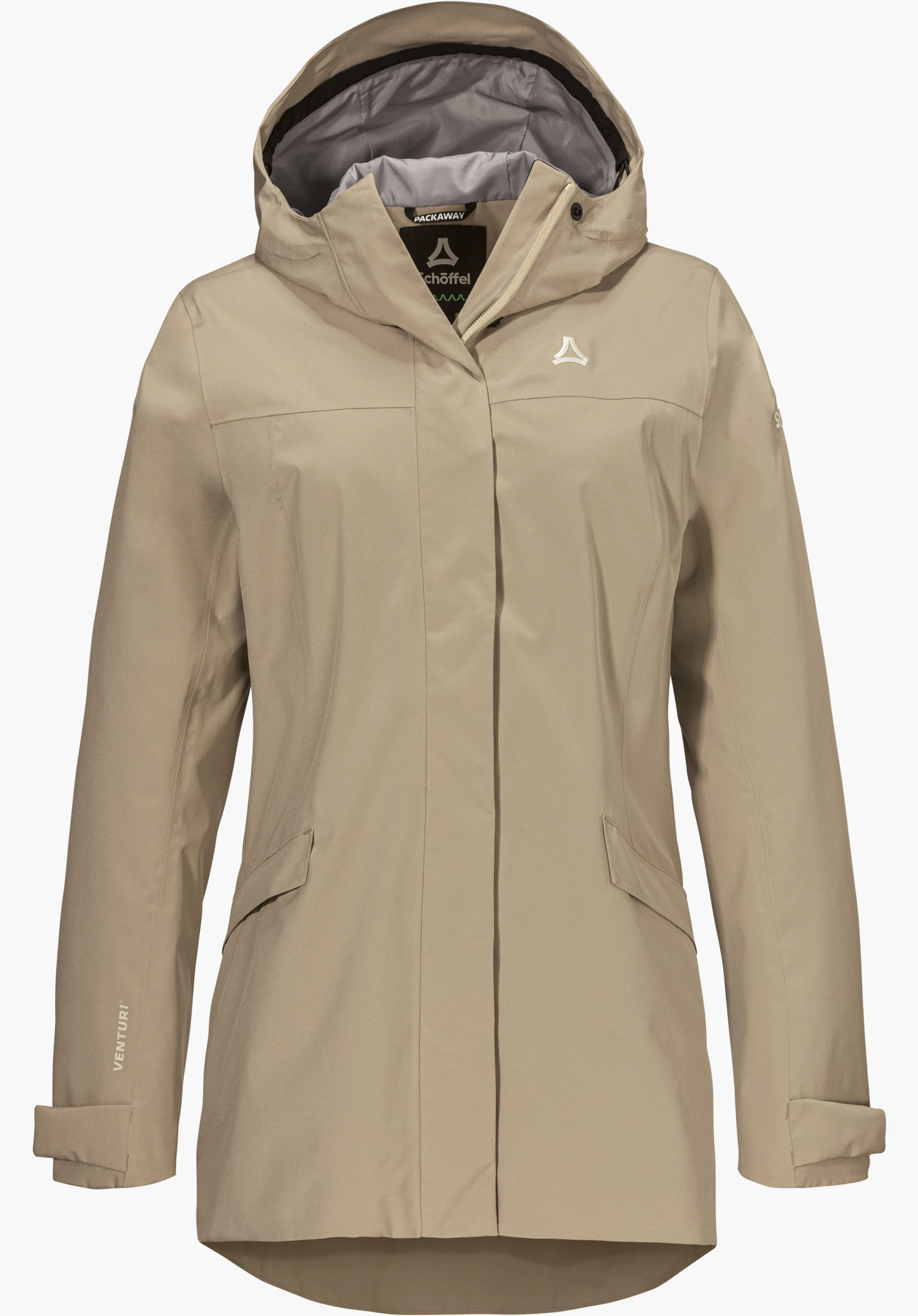 CIRC Jacket Style Smue WMN as a beige jacket with a hood, front flap and Schöffel logo on the chest, isolated on a white background.