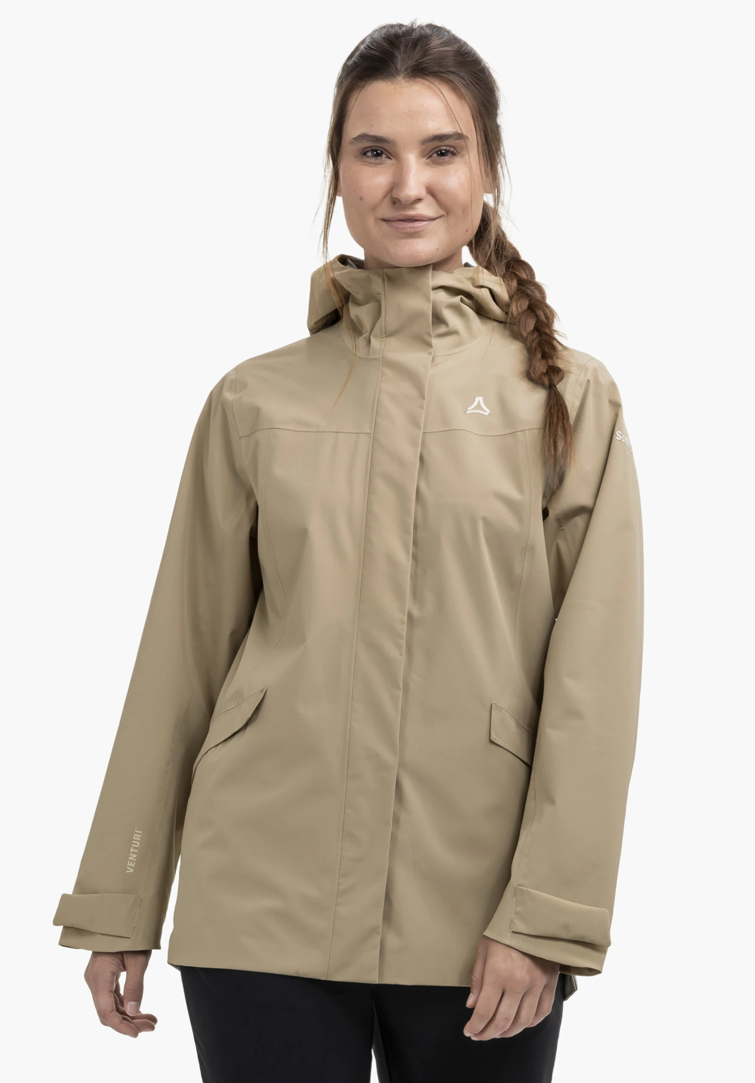 CIRC Jacket Style Smue WMN worn by a model standing facing forward in the beige jacket. The Schöffel logo is visible on the left chest, presented against a neutral background.
