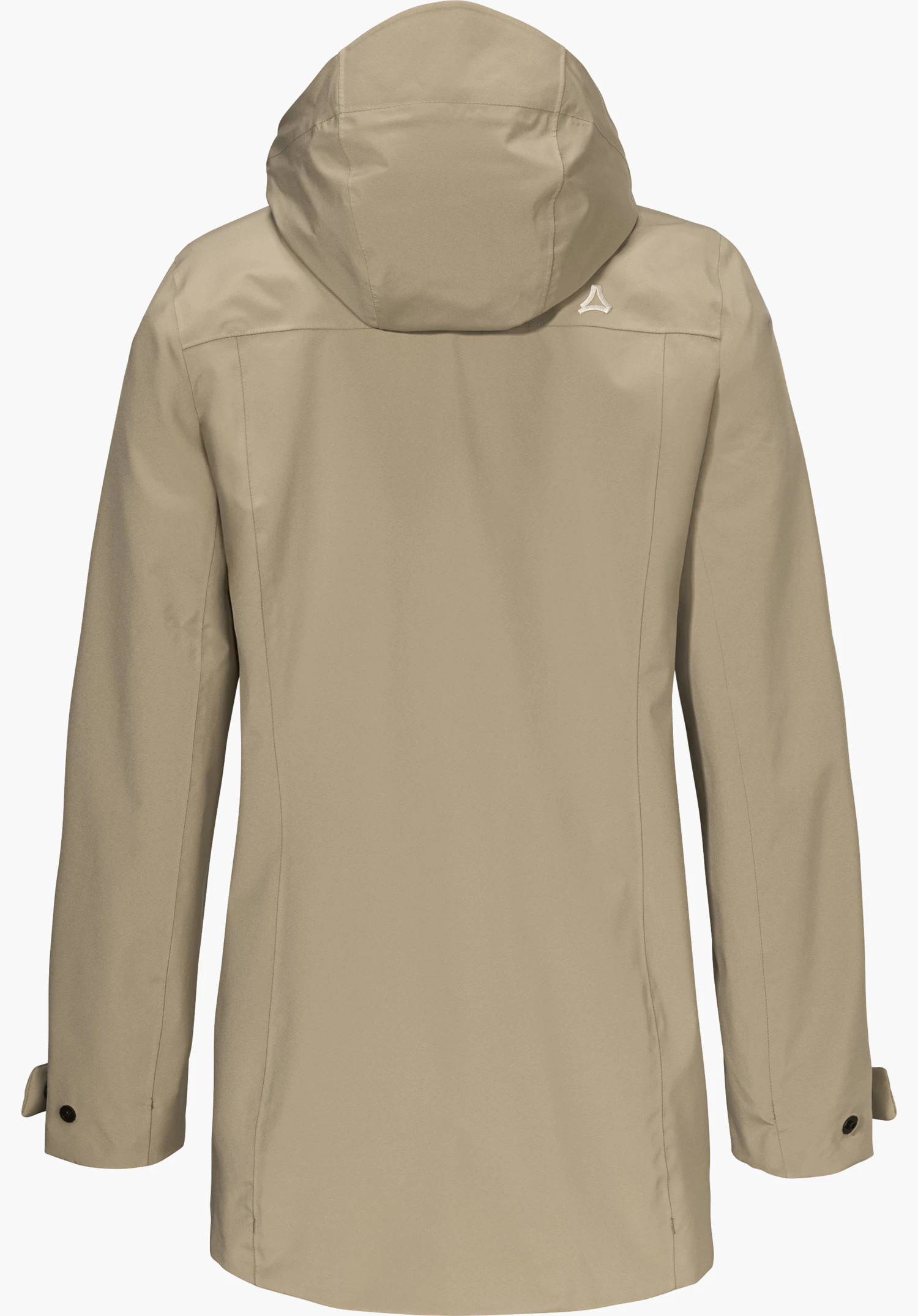 CIRC Jacket Style Smue WMN in Beige, Rückansicht mit Kapuze und Schöffel-Logo auf der rechten Schulter, freigestellt vor weißem Hintergrund.