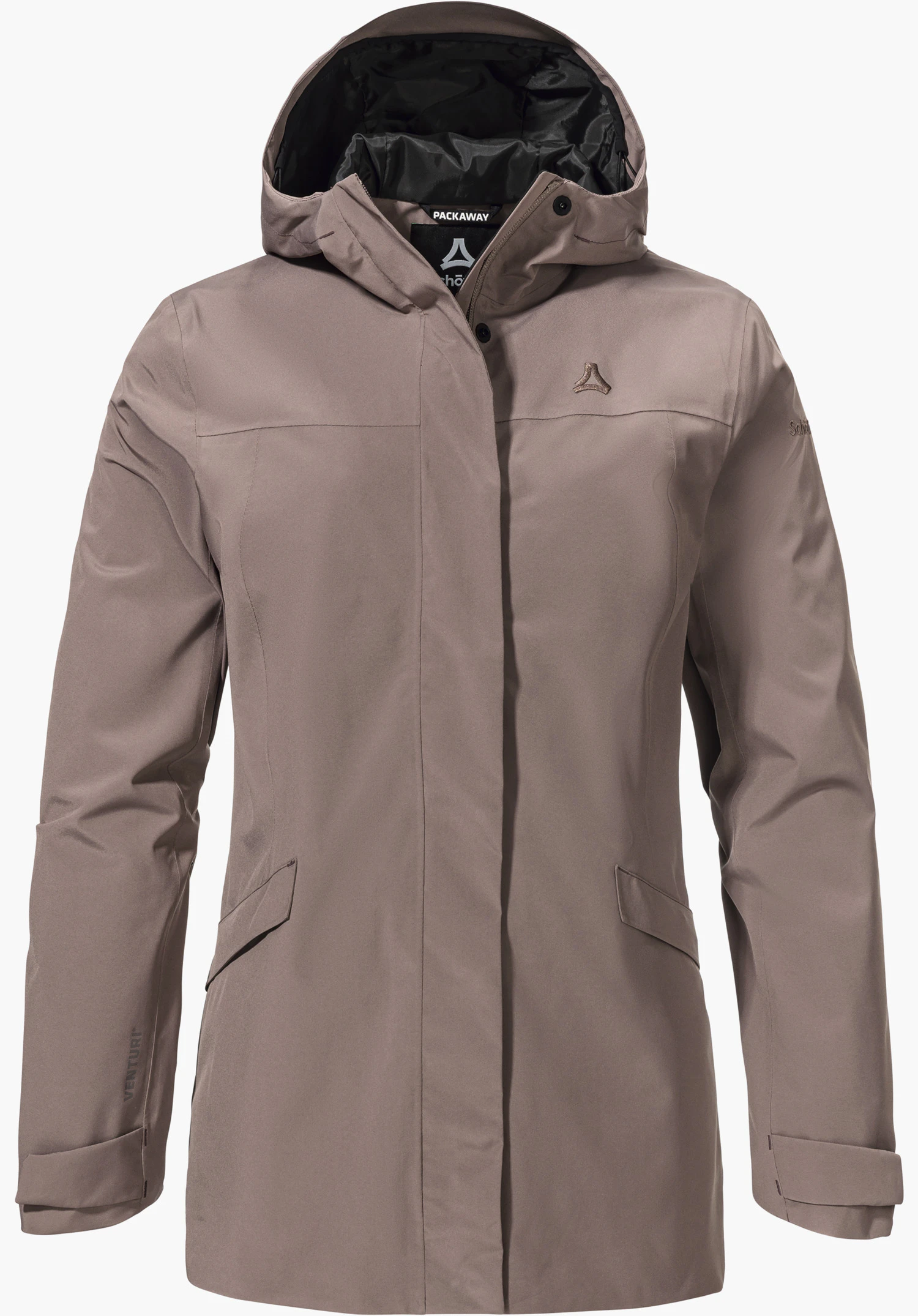CIRC Jacket Style Smue WMN in brown with a hood and Schöffel logo on the left chest, isolated on a white background.