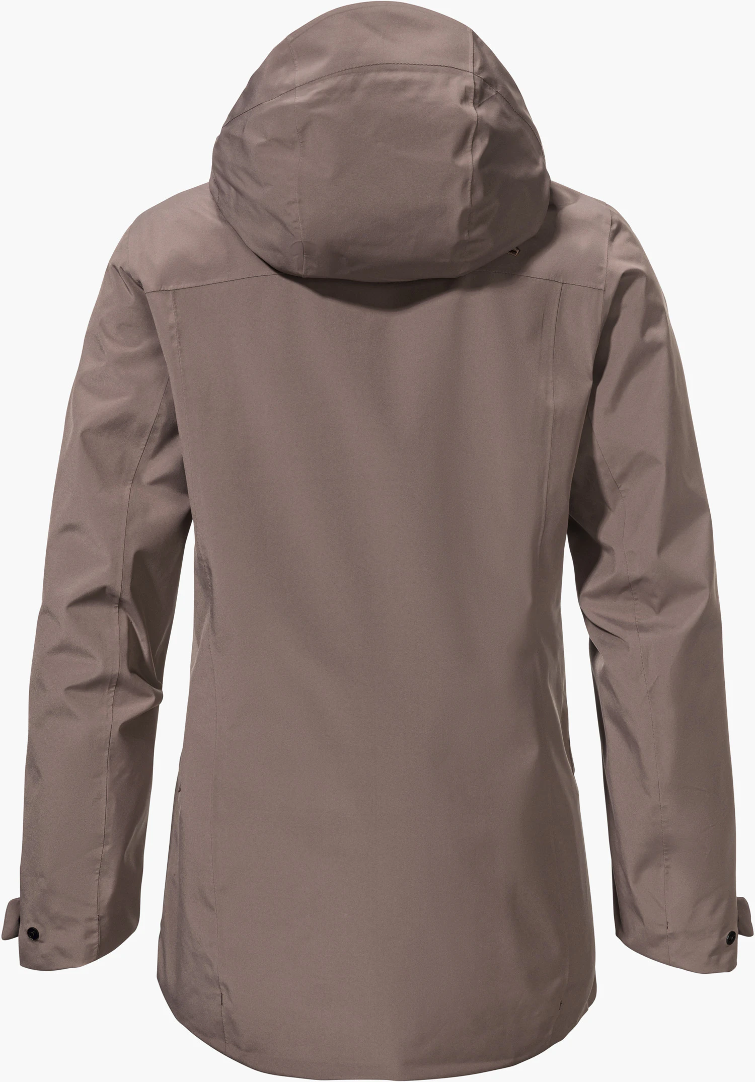 CIRC Jacket Style Smue WMN in brown, back view with hood, isolated on a white background.