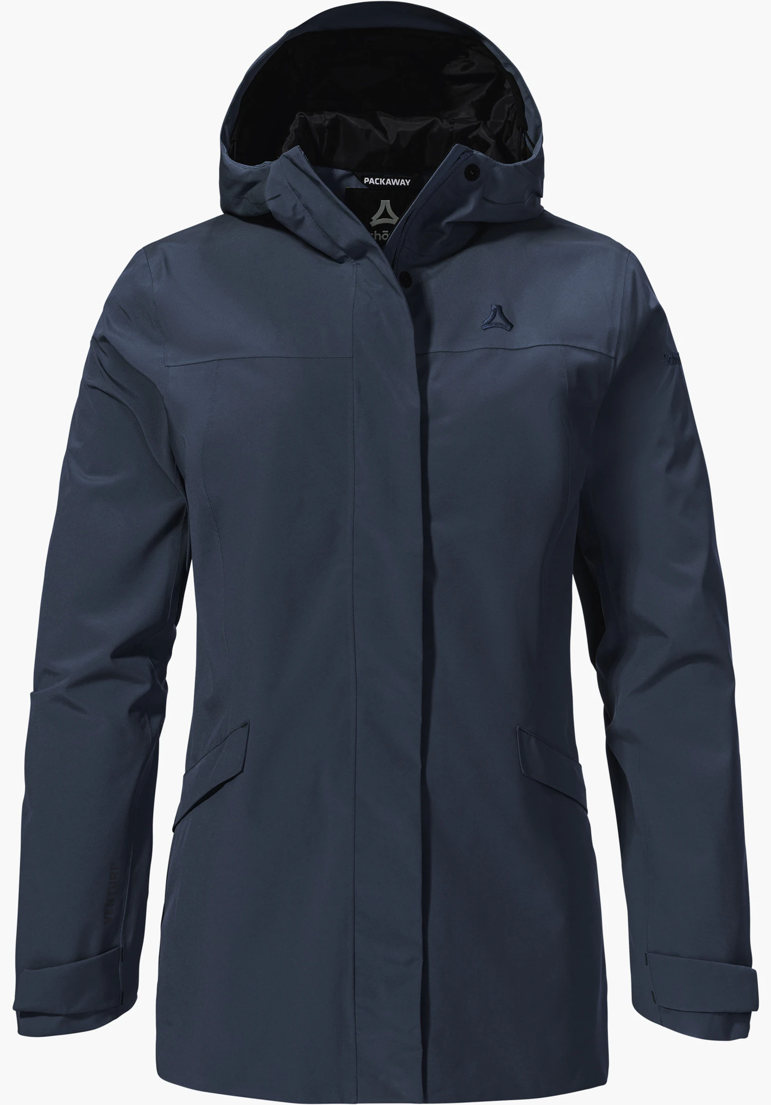 CIRC Jacket Style Smue WMN in blue shows a front view of the closed jacket with a hood and Schöffel logo on the chest, isolated on a white background.