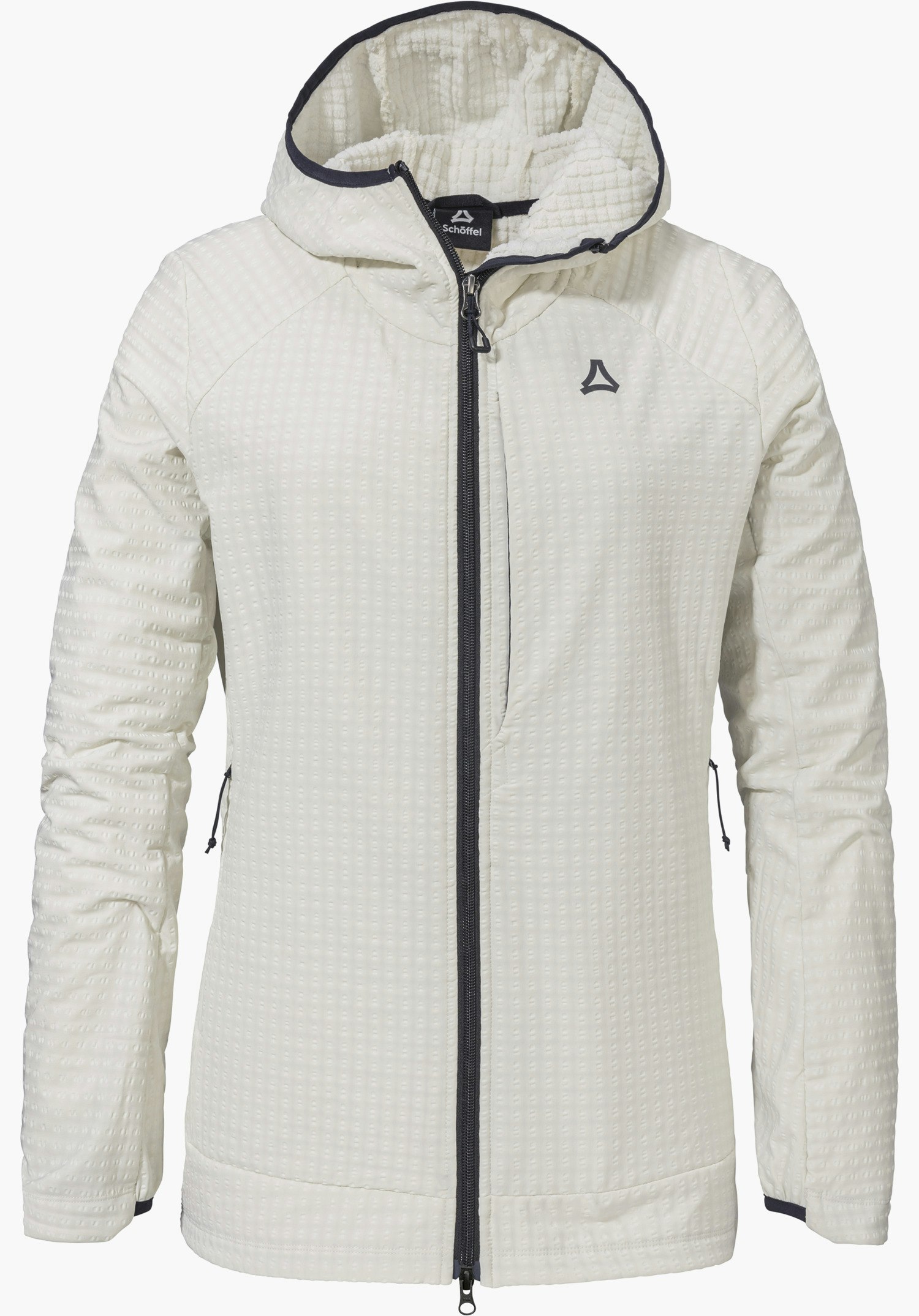 Fleece Hoody Style Enixa WMN in the colour natur featuring a fine waffle texture, a dark full-length front zip and the Schöffel logo on the left chest, isolated on a white background.