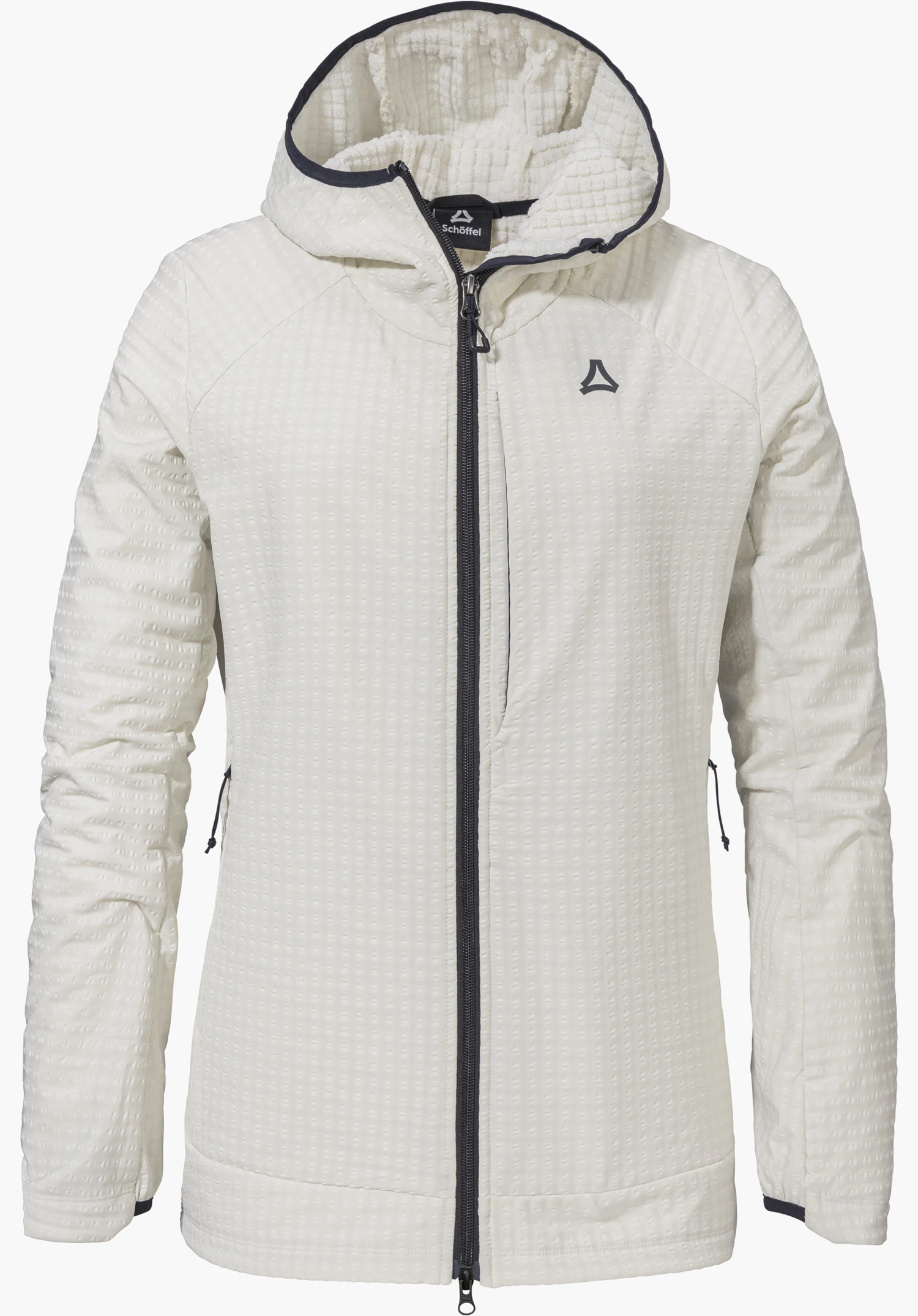 Fleece Hoody Style Enixa WMN in the colour natur featuring a fine waffle texture, a dark full-length front zip and the Schöffel logo on the left chest, isolated on a white background.