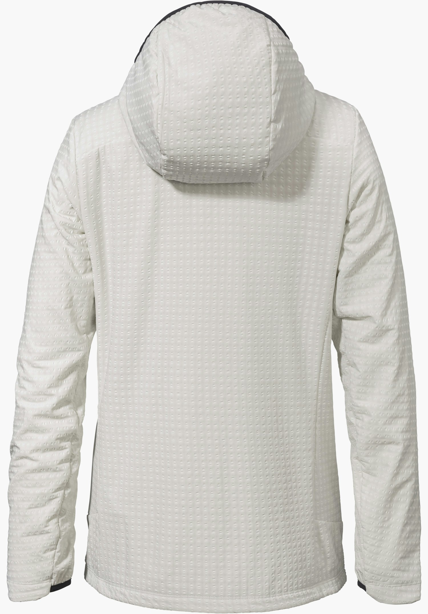 Fleece Hoody Style Enixa WMN in der Farbe Natur, Rückansicht der strukturierten Fleecejacke mit Kapuze, freigestellt vor weißem Hintergrund.