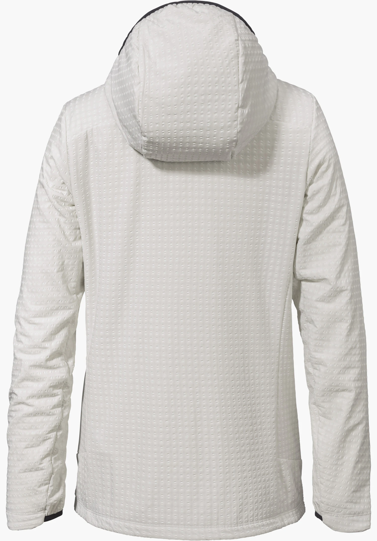 Fleece Hoody Style Enixa WMN in der Farbe Natur, Rückansicht der strukturierten Fleecejacke mit Kapuze, freigestellt vor weißem Hintergrund.