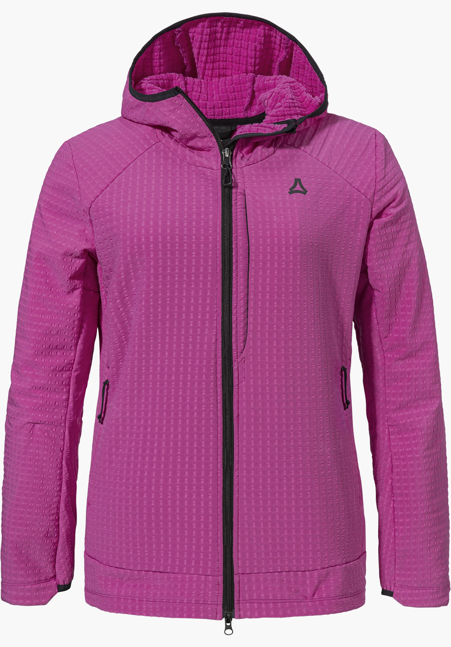 Fleece Hoody Style Enixa WMN in pink featuring a full-length black zip, a fine waffle texture and a Schöffel logo on the left chest, isolated on a white background.