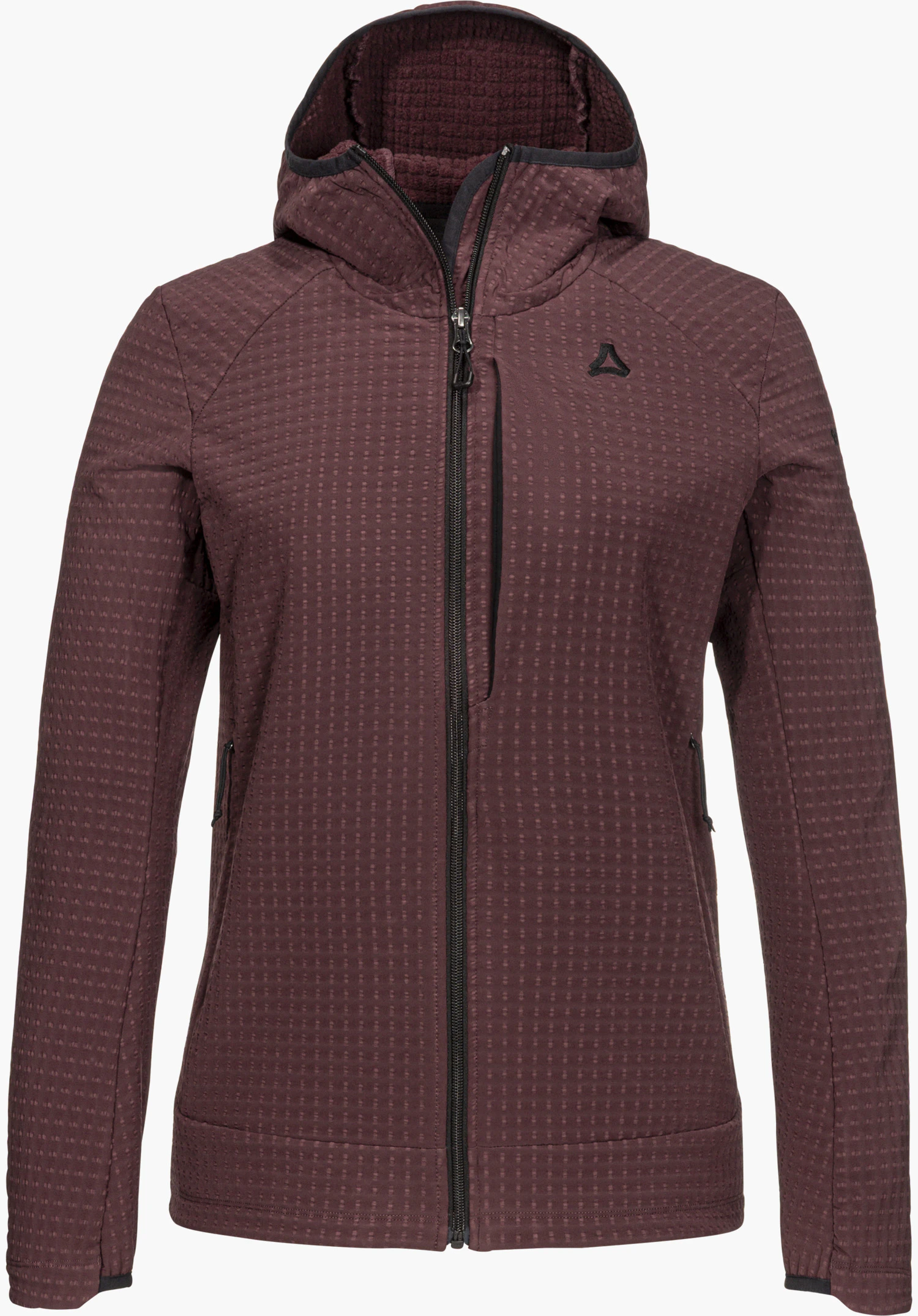 Fleece Hoody Style Enixa WMN in purple, shown from the front with a hood, full-length zipper, chest pocket and Schöffel logo, isolated on a white background.