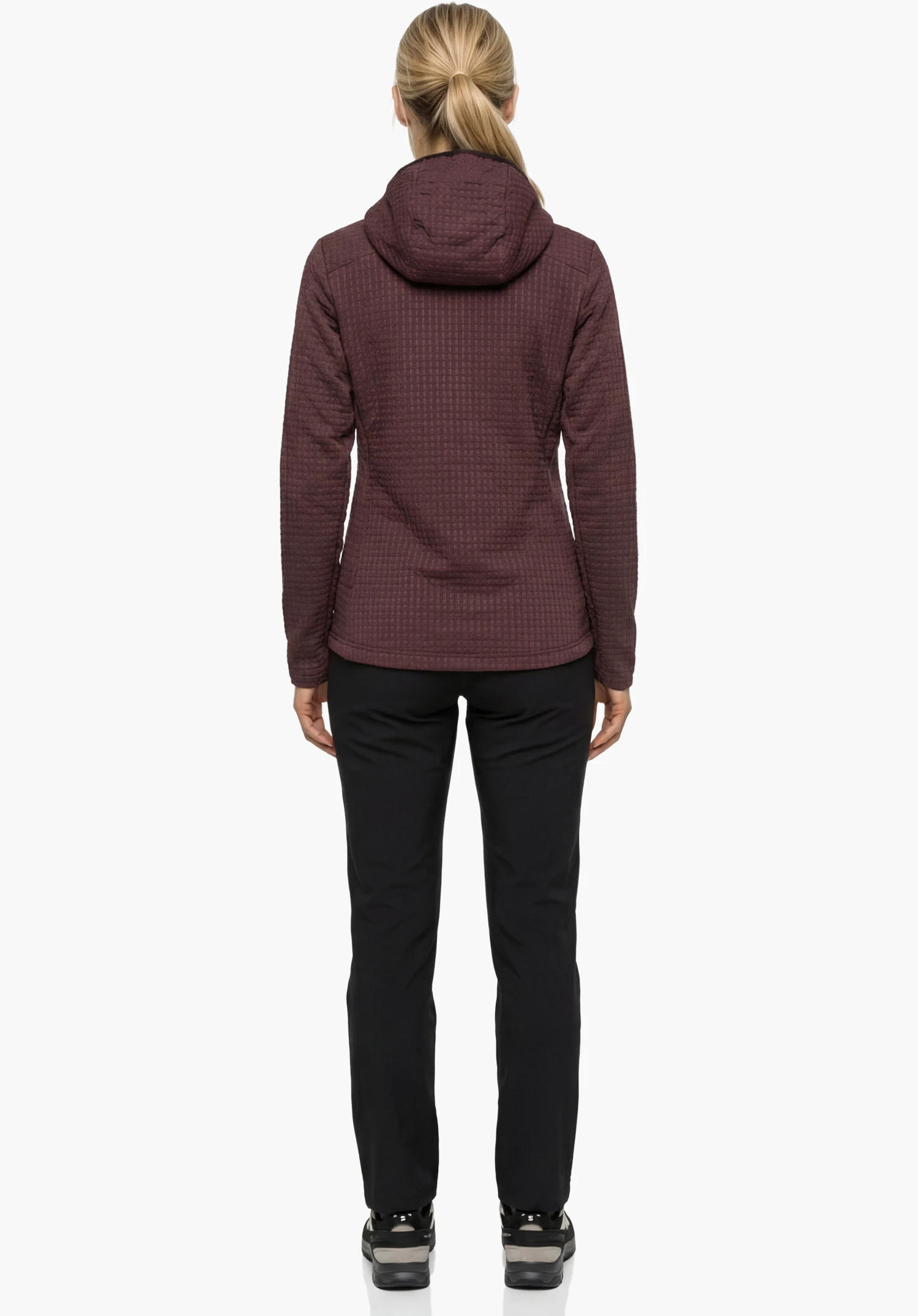 Fleece Hoody Style Enixa WMN mit Fokus auf die strukturierte Materialoberfläche in lila Nahaufnahme vor weißem Hintergrund.