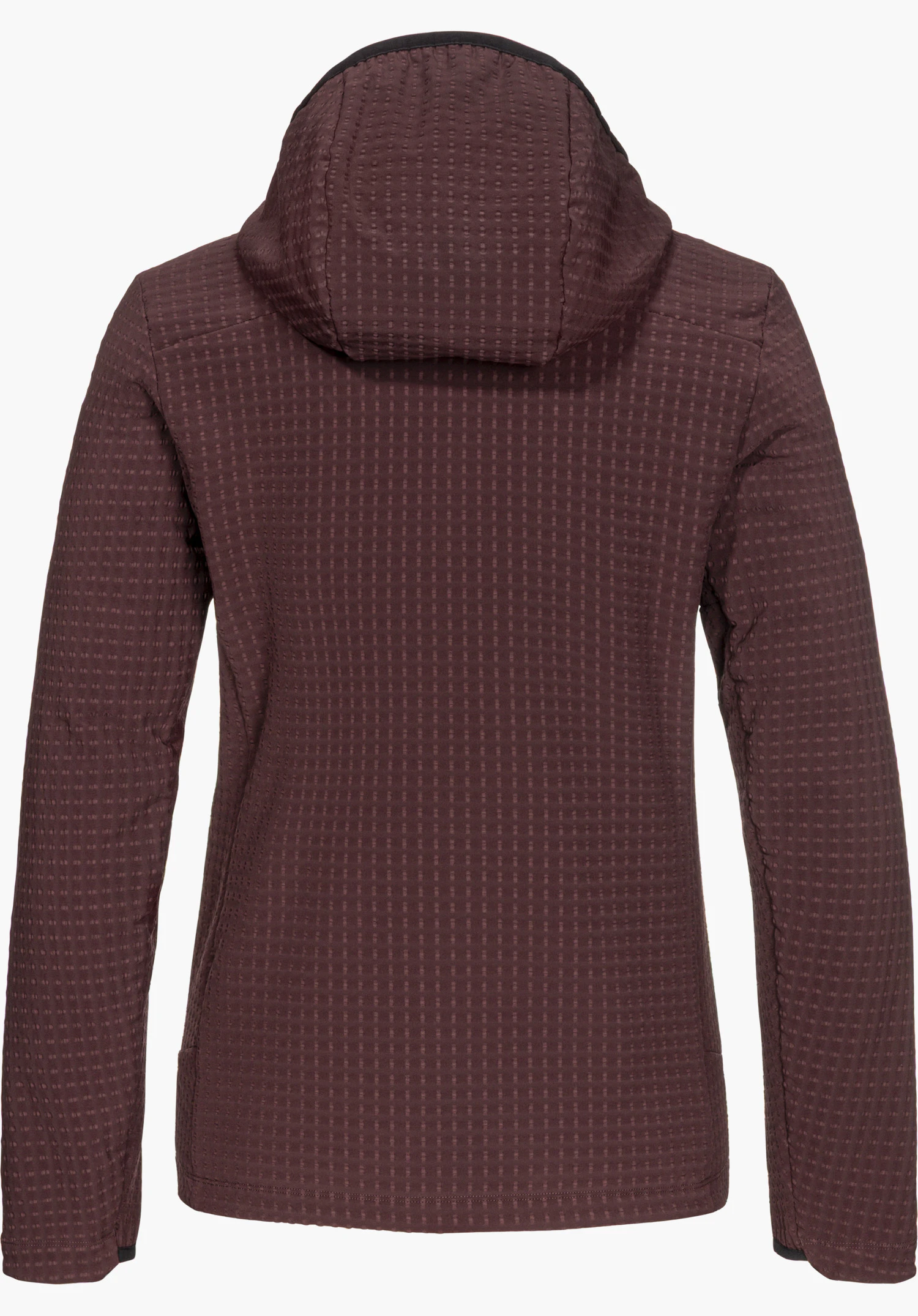 Fleece Hoody Style Enixa WMN in lila mit Kapuze und strukturierter Waffeloptik in der Rückansicht freigestellt vor weißem Hin tergrund.