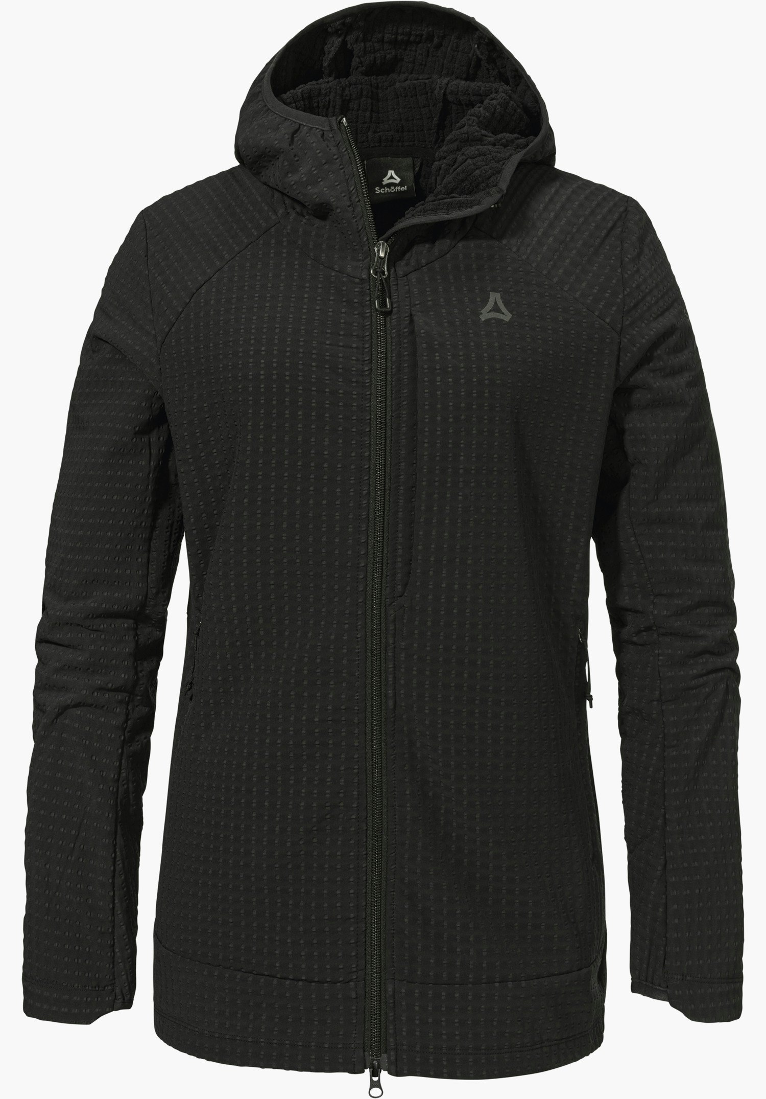 Fleece Hoody Style Enixa WMN en noir avec une fermeture éclair sur toute la longueur, une surface texturée, une capuche et le logo Schöffel sur la poitrine gauche, détouré sur fond blanc.