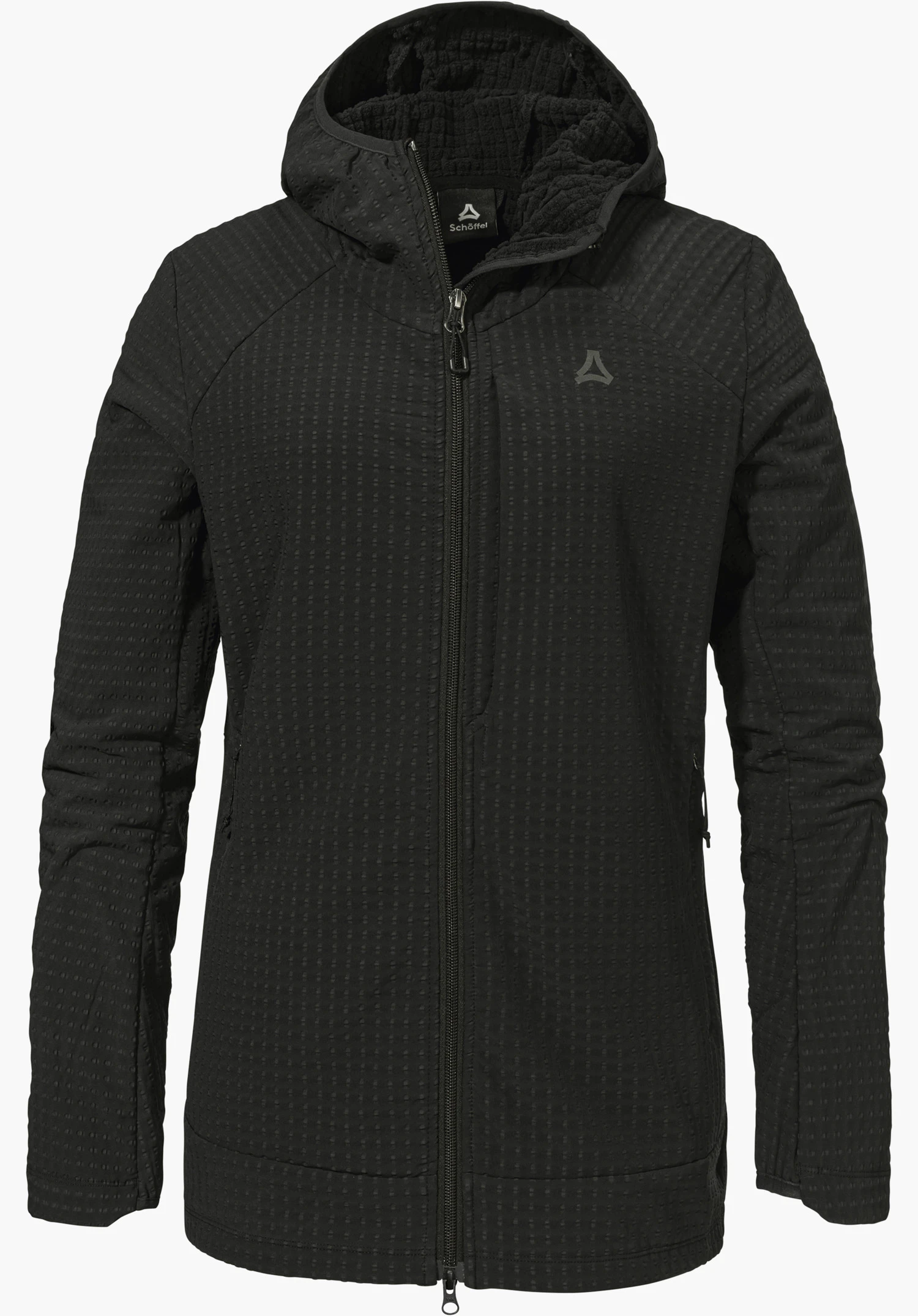 Fleece Hoody Style Enixa WMN in black featuring a full-length zip, textured surface, hood, and Schöffel logo on the left chest, isolated on a white background.