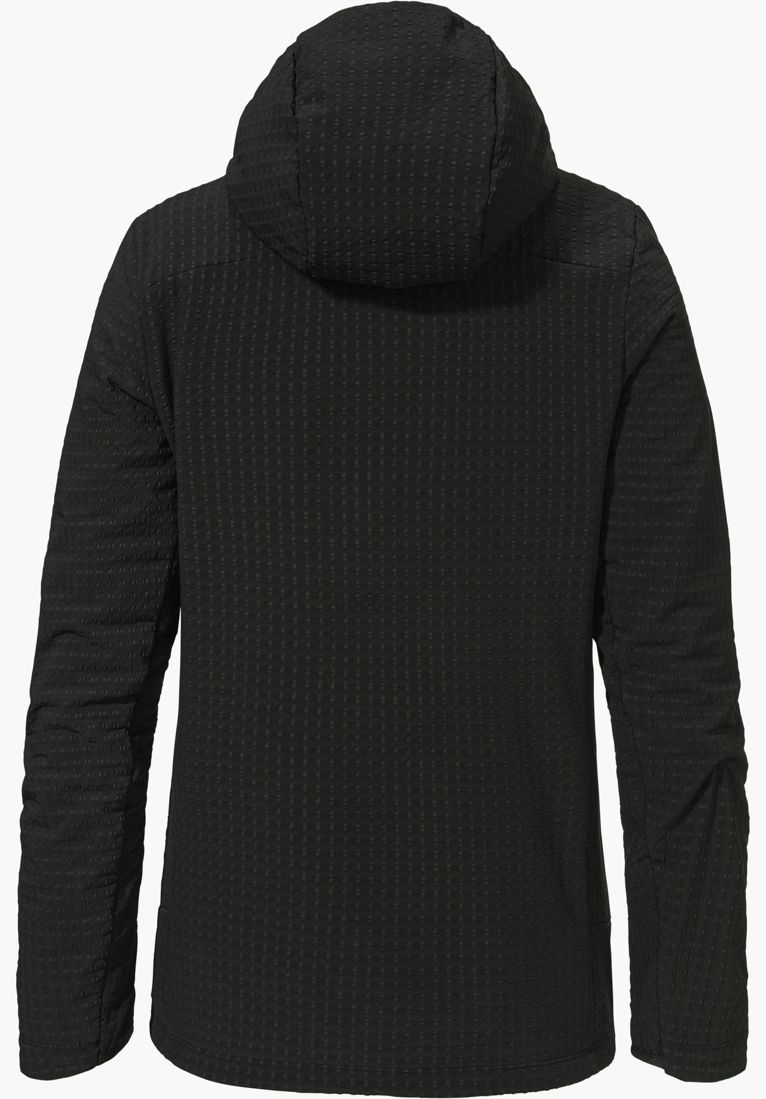 Fleece Hoody Style Enixa WMN in der Farbe Schwarz, gezeigt in der Rückansicht mit Kapuze und strukturierter Oberfläche, freigestellt vor weißem Hintergrund.