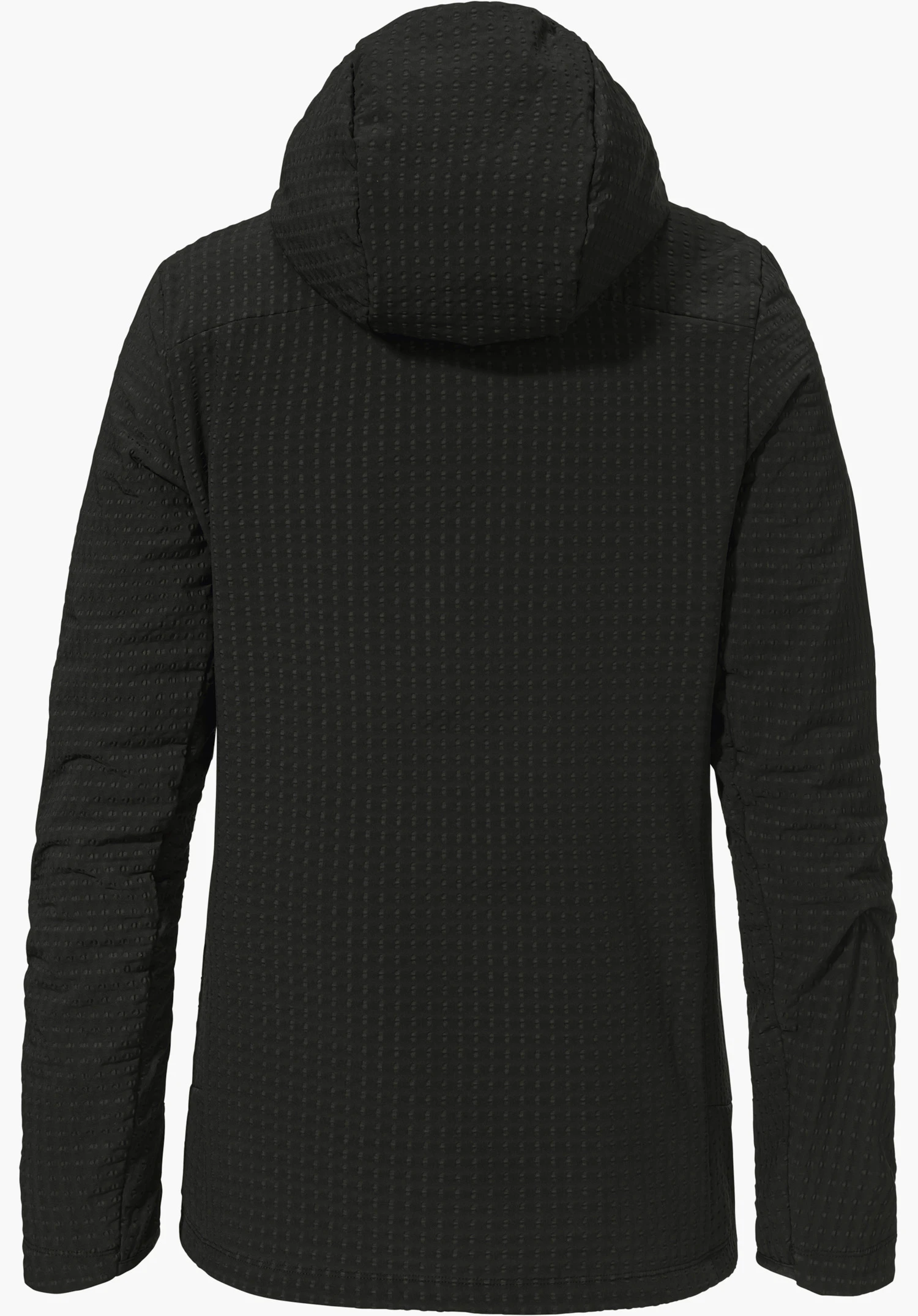 Fleece Hoody Style Enixa WMN in der Farbe Schwarz, gezeigt in der Rückansicht mit Kapuze und strukturierter Oberfläche, freigestellt vor weißem Hintergrund.
