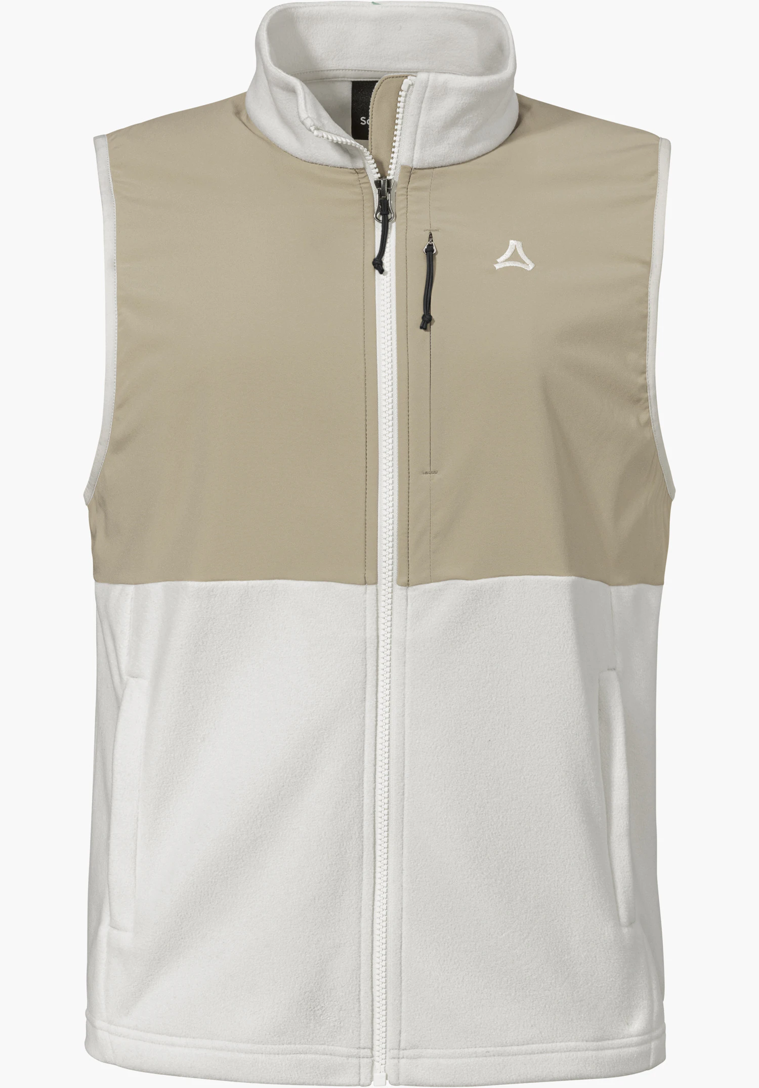 Fleece Vt Style Ash WMN as a two-tone gilet in the colour natur with a full-length zip, chest pocket and visible Schöffel logo on the left chest, isolated on a white background.
