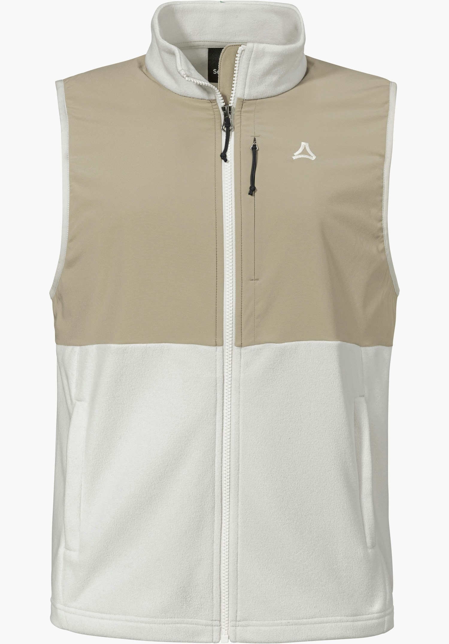 Fleece Vt Style Ash WMN als zweifarbige Weste in der Farbe natur mit durchgehendem Reißverschluss, Brusttasche und sichtbarem Schöffel-Logo auf der linken Brust, freigestellt vor weißem Hintergrund.