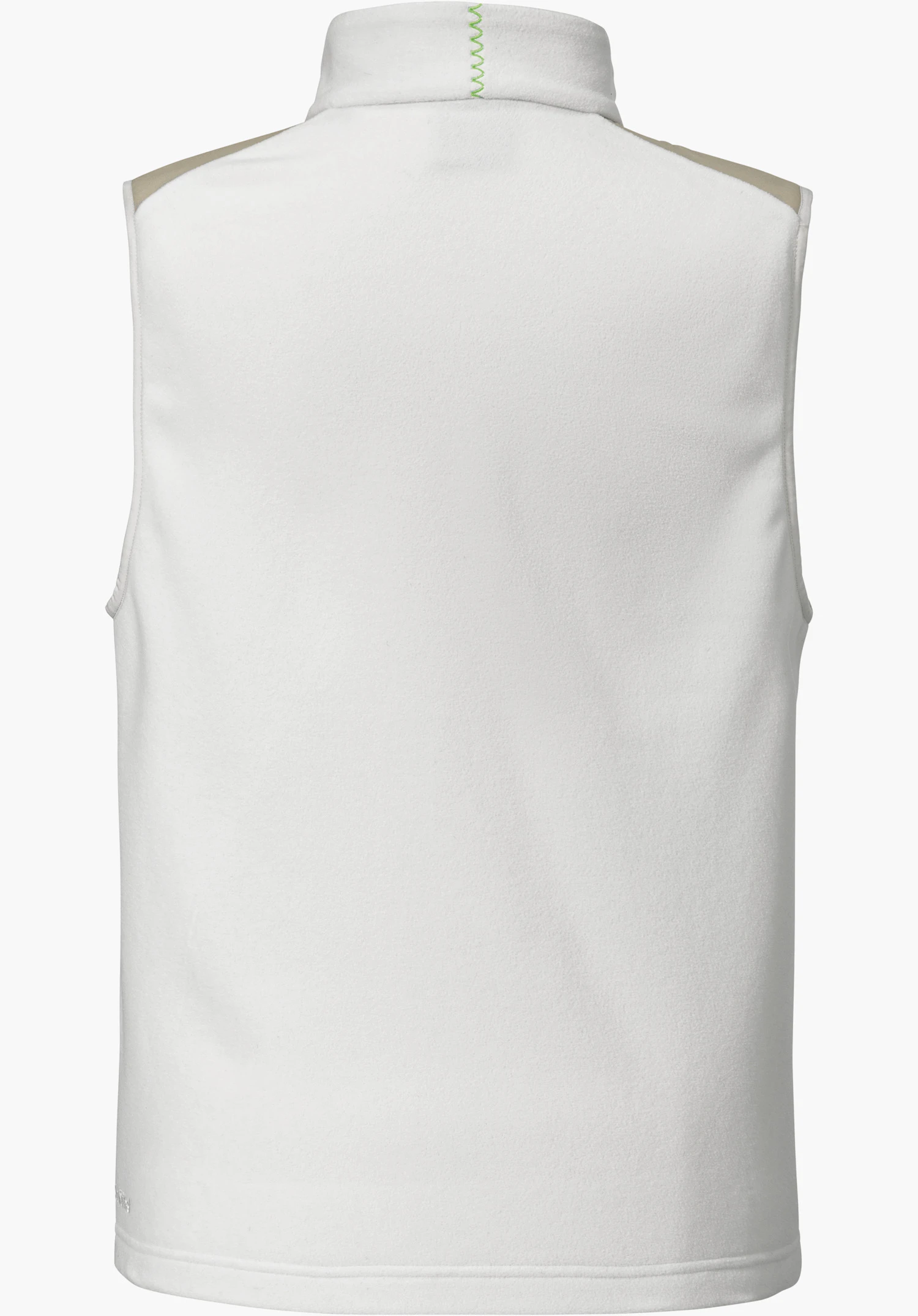 Fleece Vt Style Ash WMN in de kleur natuur in achteraanzicht met beige schouderinzetstukken en een groene zigzagsteek achterop de kraag, vrijstaand tegen een witte achtergrond.