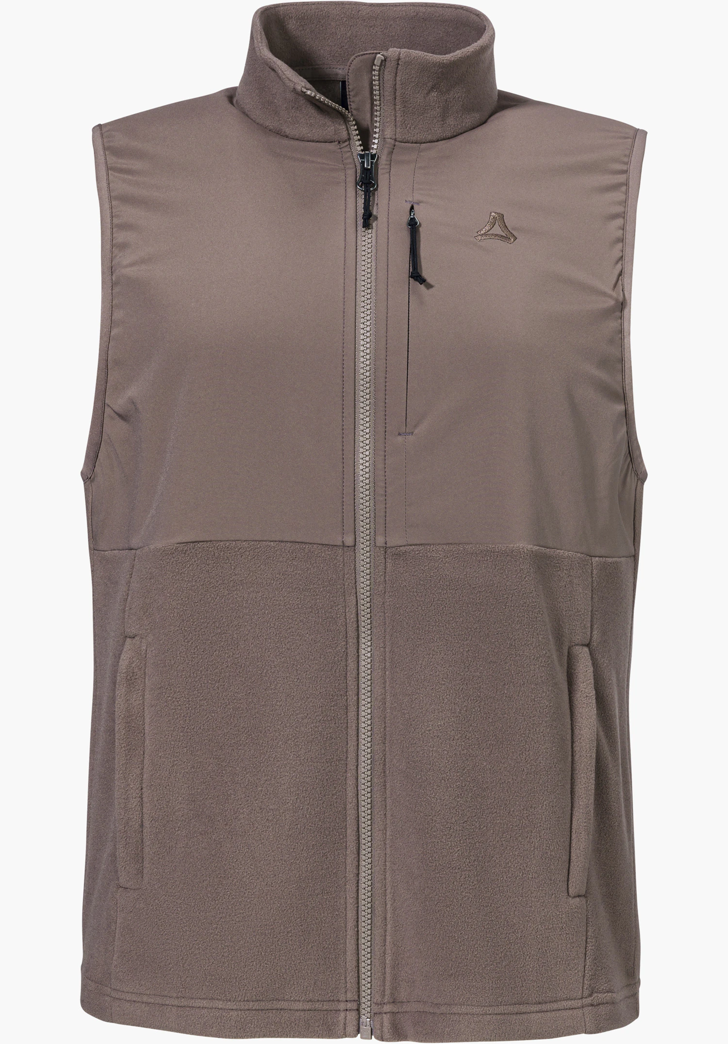 Fleece Vt Style Ash WMN as a brown gilet with a full-length front zip, chest pocket and embroidered Schöffel logo, isolated on a white background.