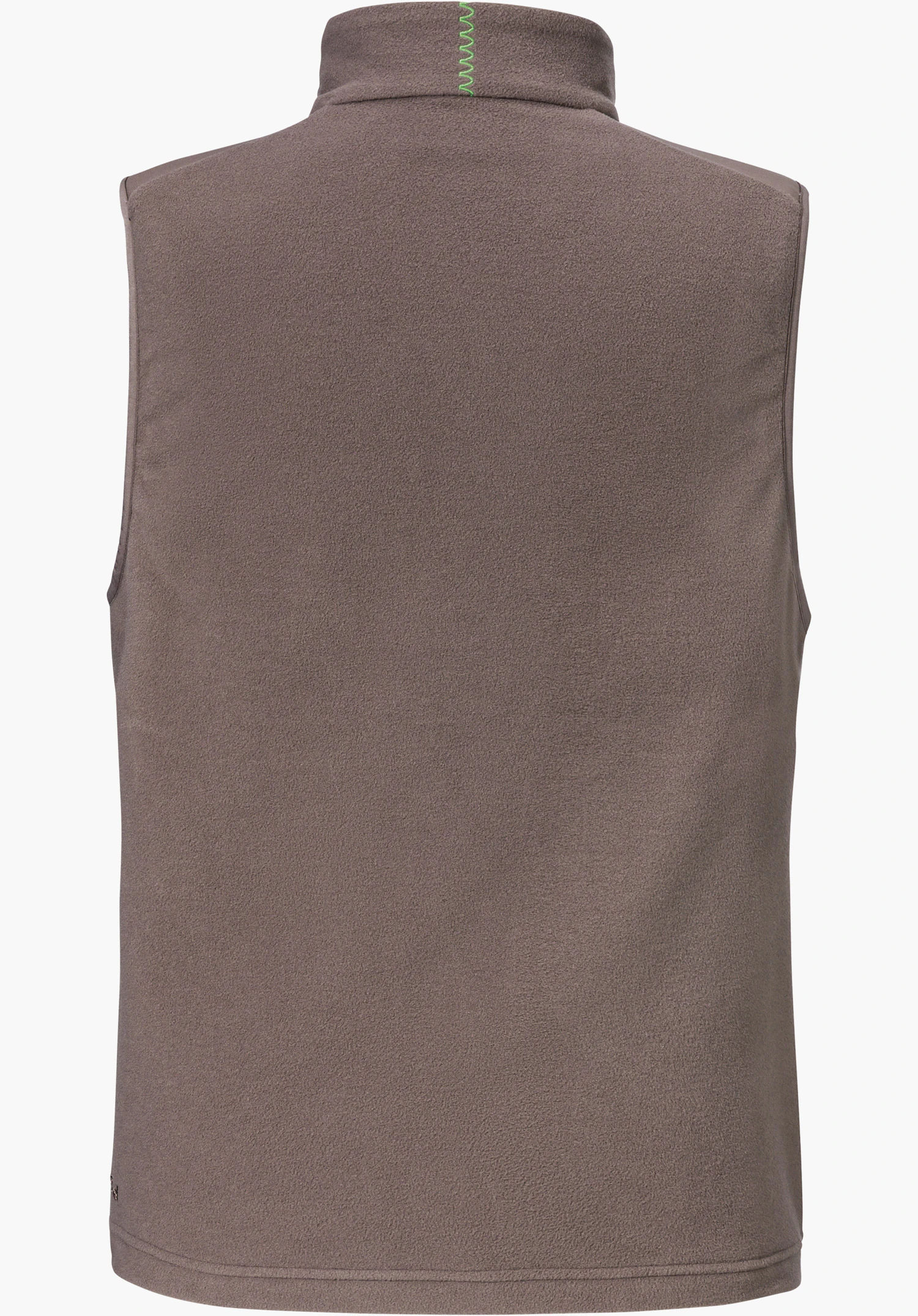 Fleece Vt Style Ash WMN as a brown gilet in back view with a green zigzag stitch on the collar, isolated against a white background.